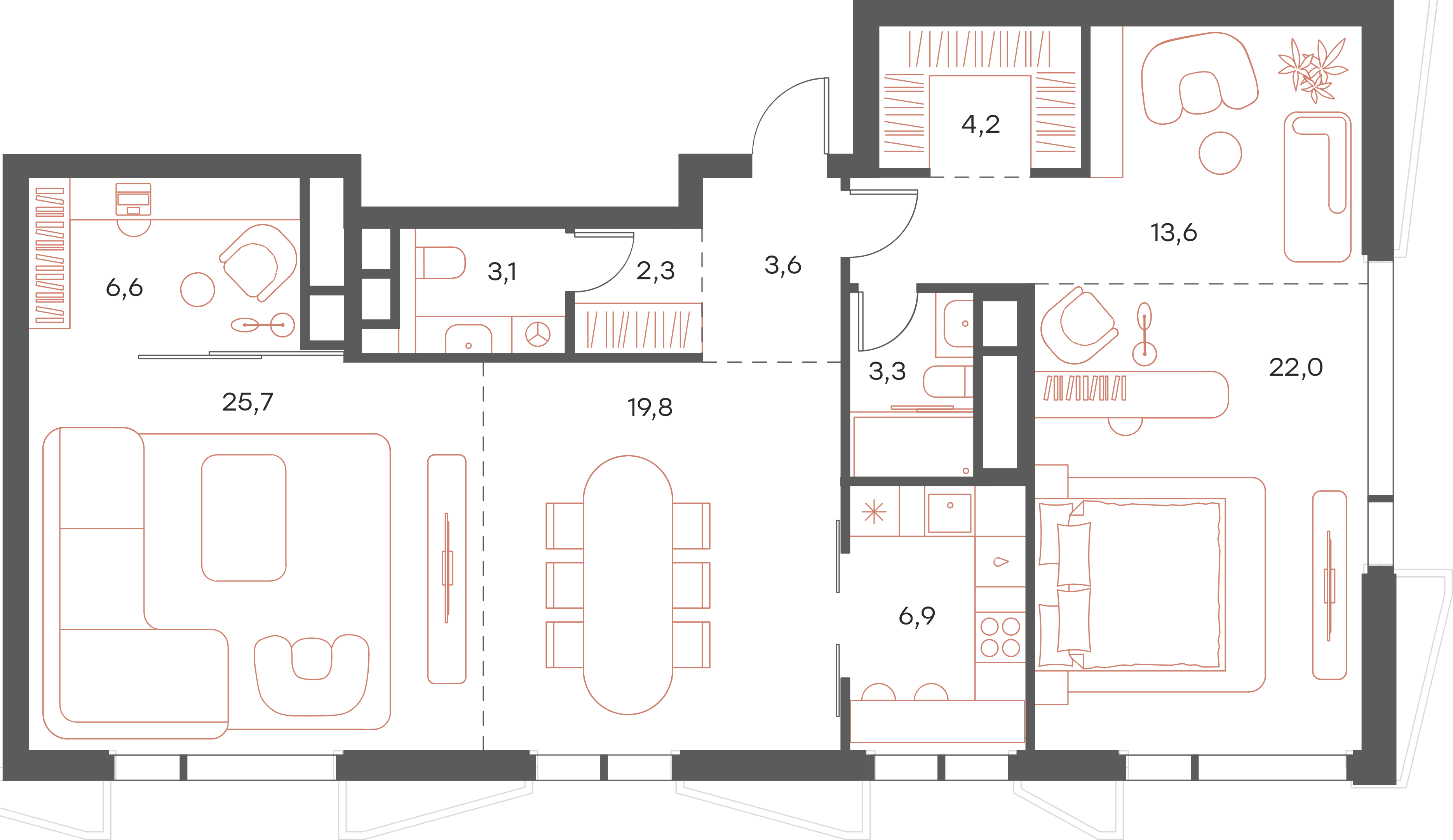Планировка квартиры № 22, 110 м². Официальный план 2D.