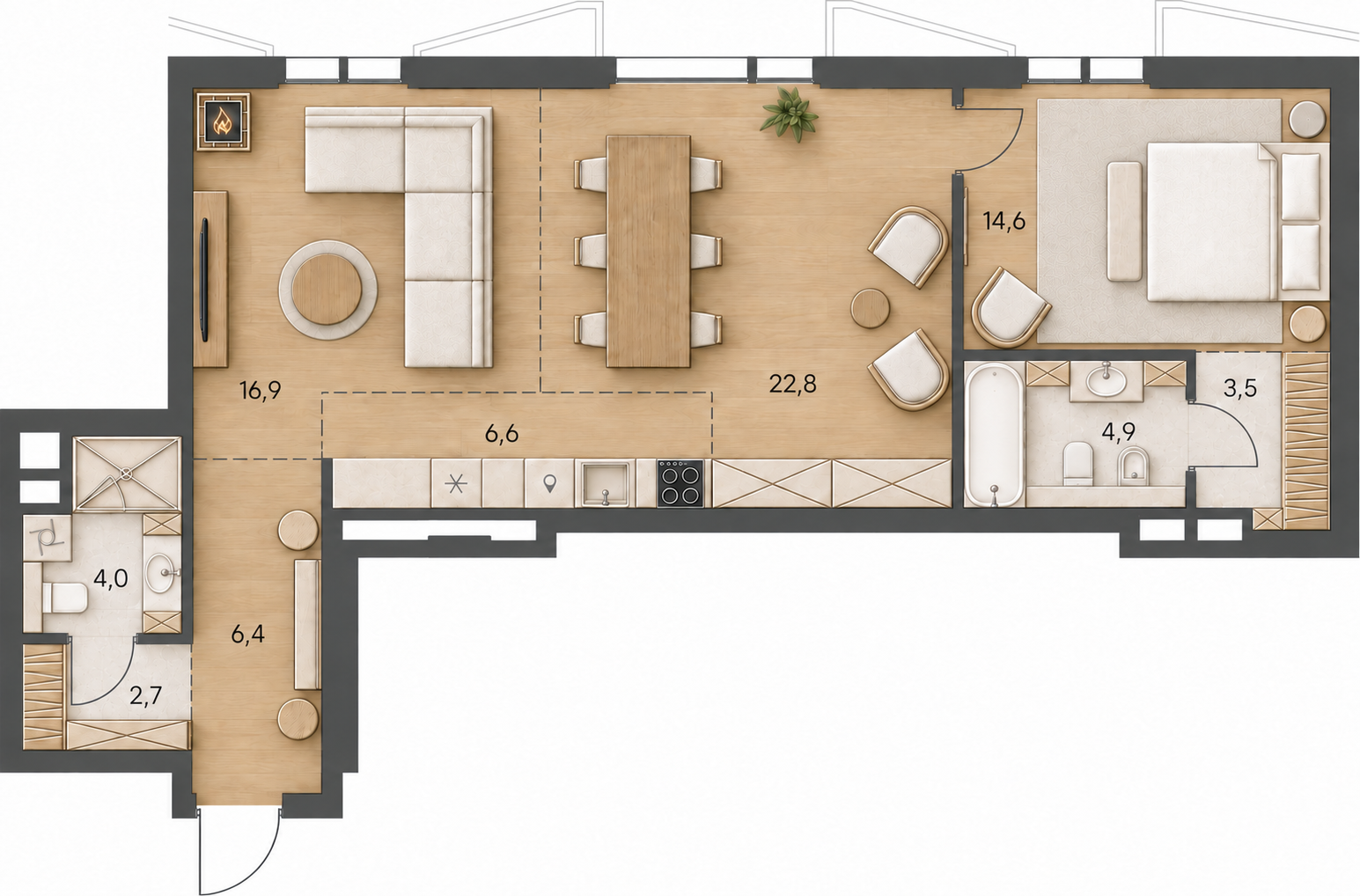 Планировка квартиры № 12, 82,4 м². 3D-визуализация.