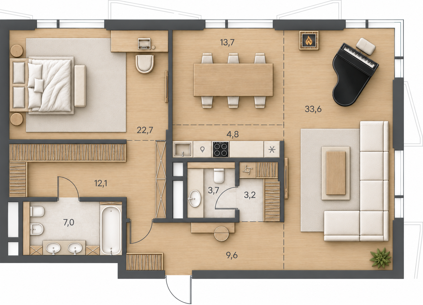 Планировка квартиры № 21, 110,4 м². 3D-визуализация.