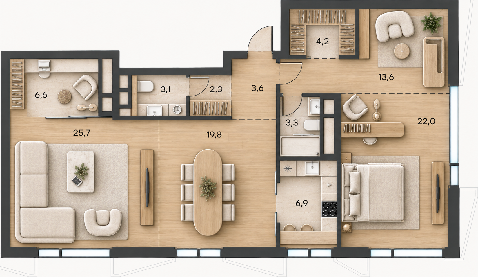 Планировка квартиры № 22, 110 м². 3D-визуализация.