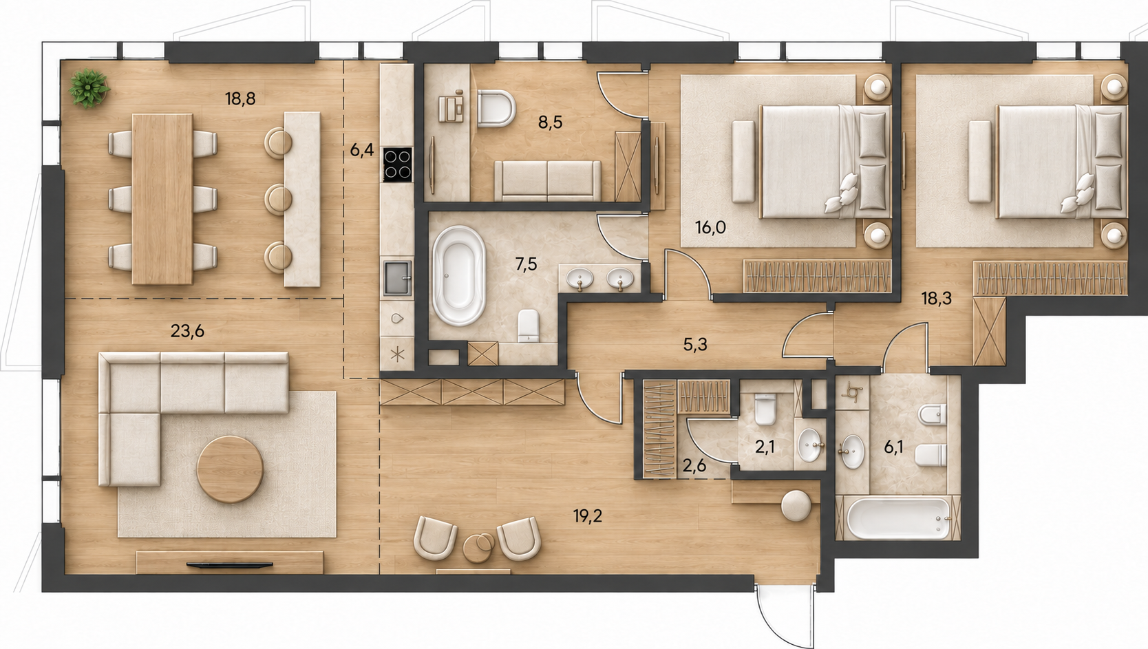 Планировка квартиры № 3, 134,4 м². 3D-визуализация.