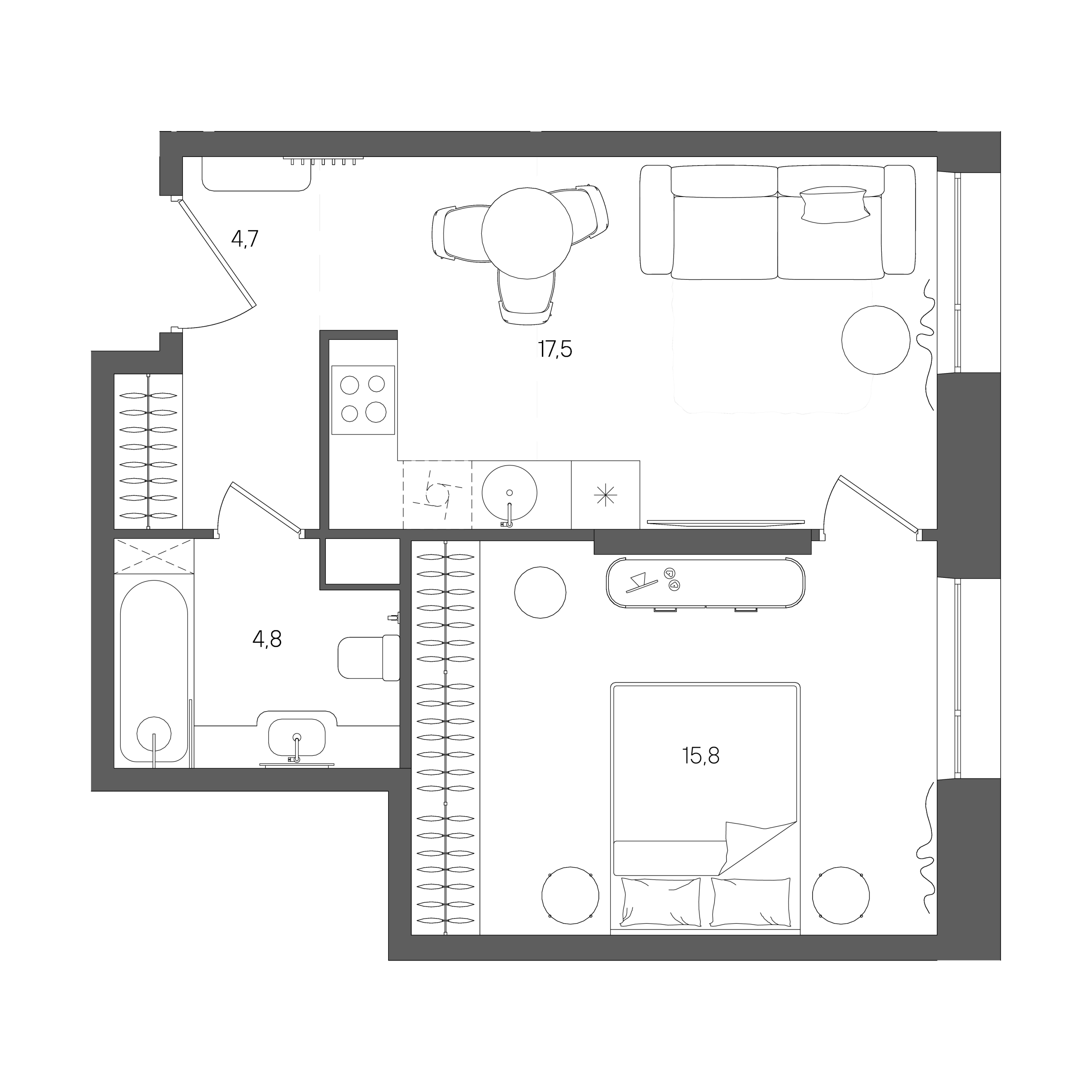 Планировка: 1-комнатная, 42,8 м²