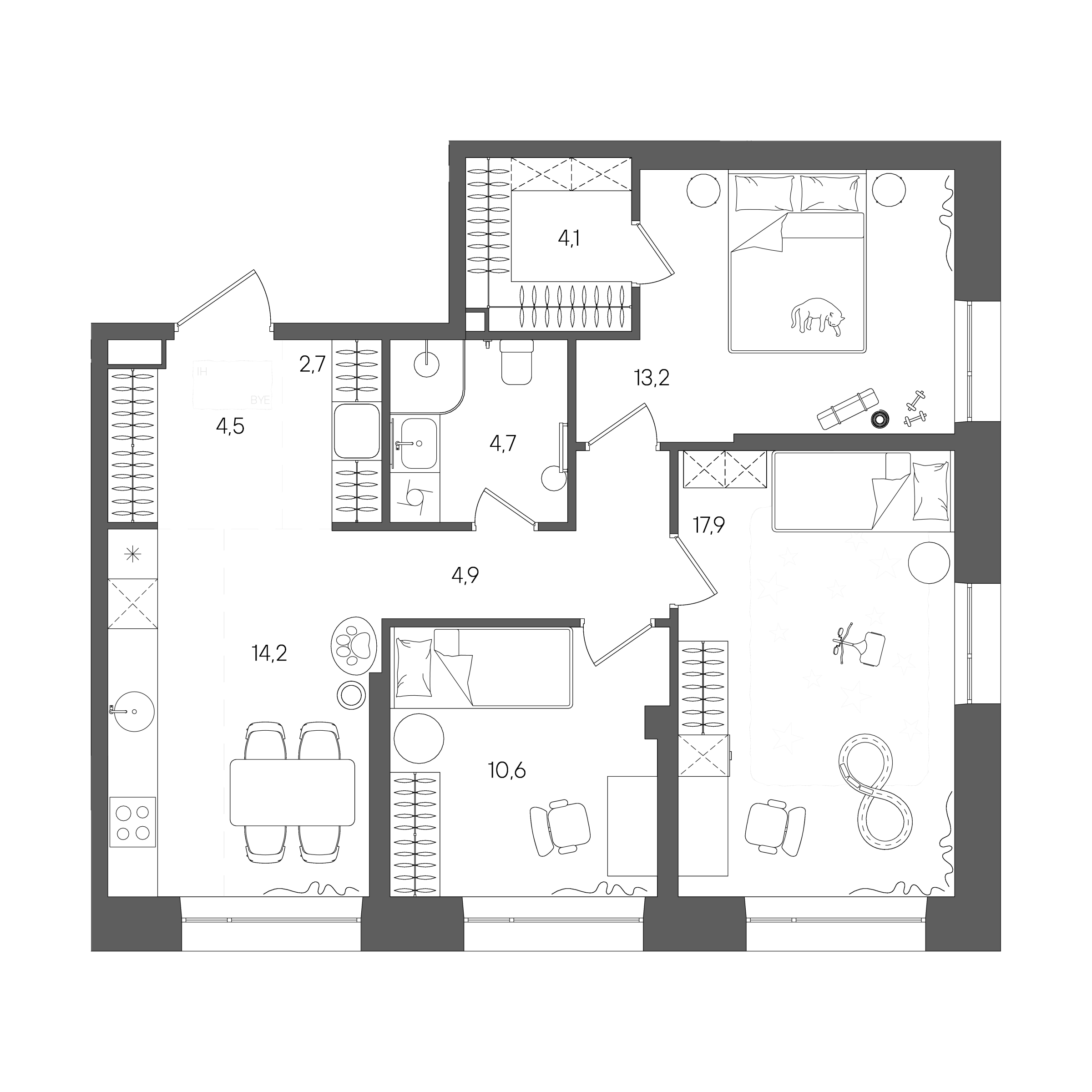 Планировка: 3-комнатная, 76,8 м²