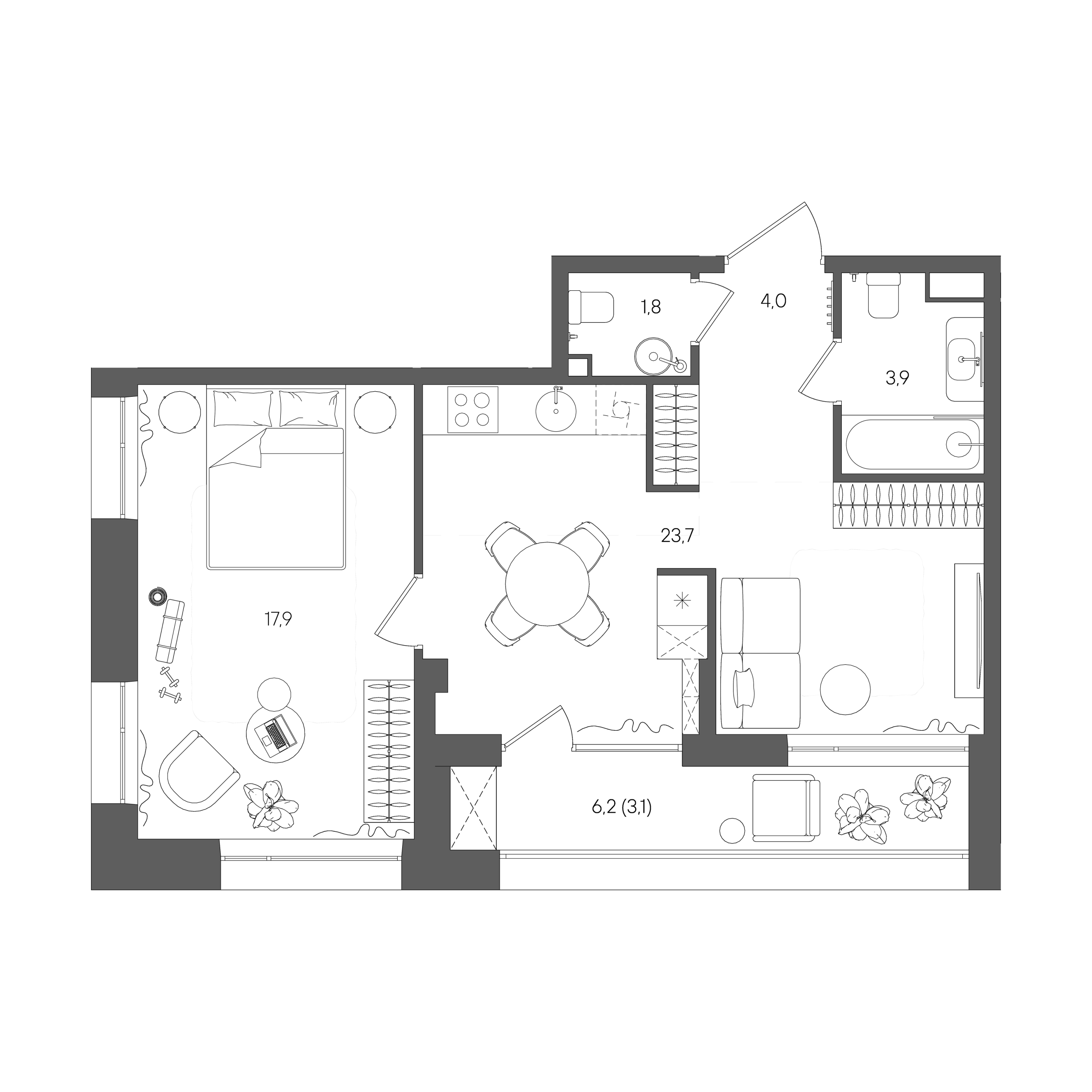 Планировка: 1-комнатная, 54,4 м²