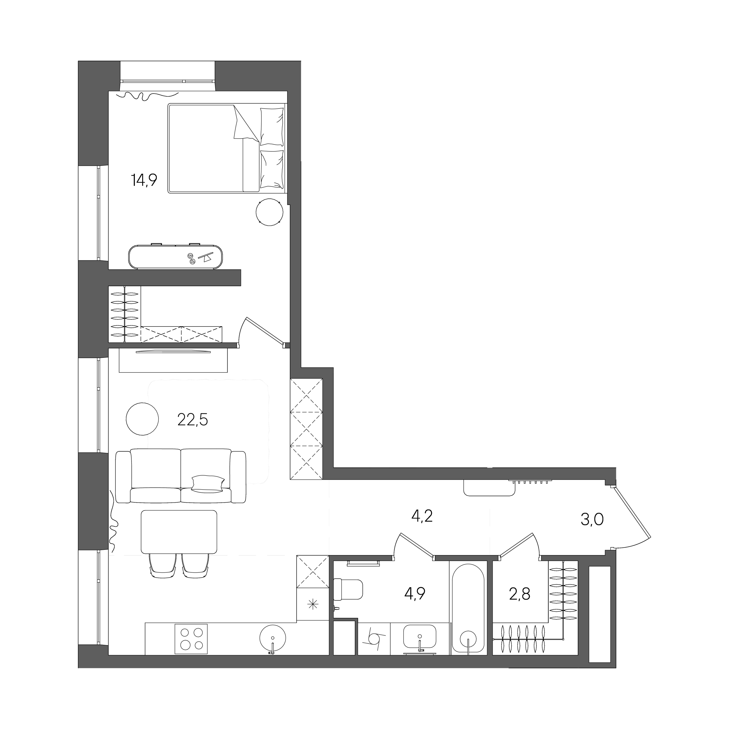 Планировка: 1-комнатная, 52,3 м²