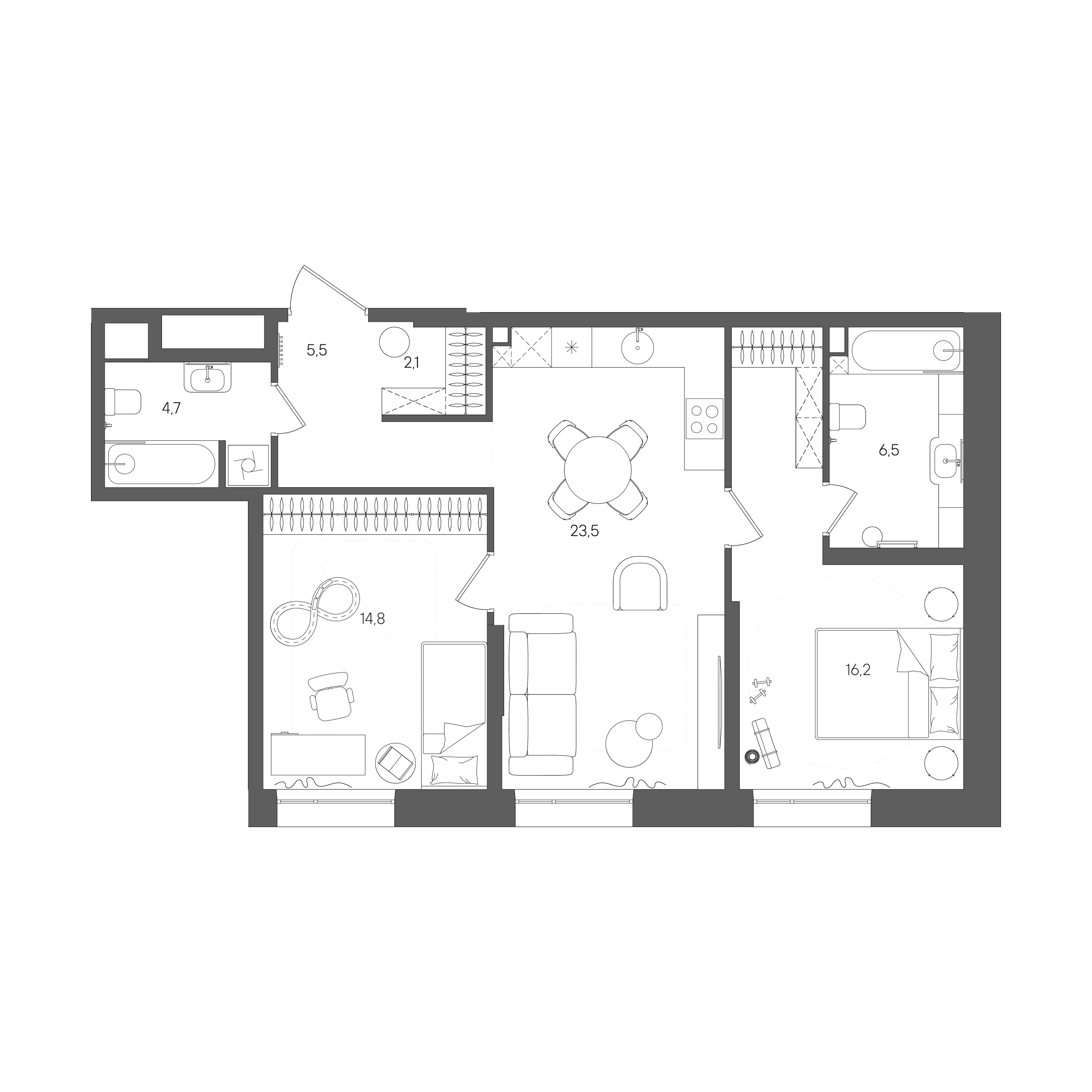 Планировка: 2-комнатная, 73,3 м²