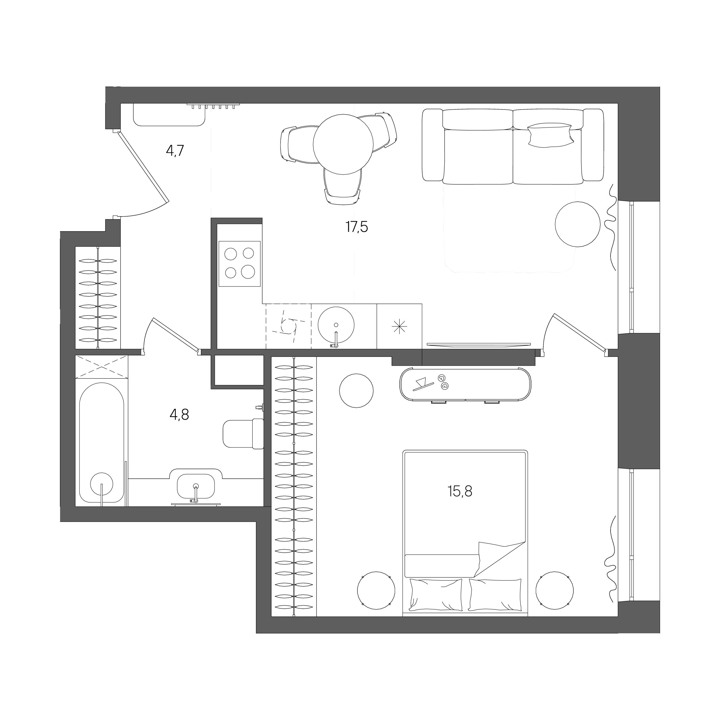 Планировка: 1-комнатная, 42,8 м²