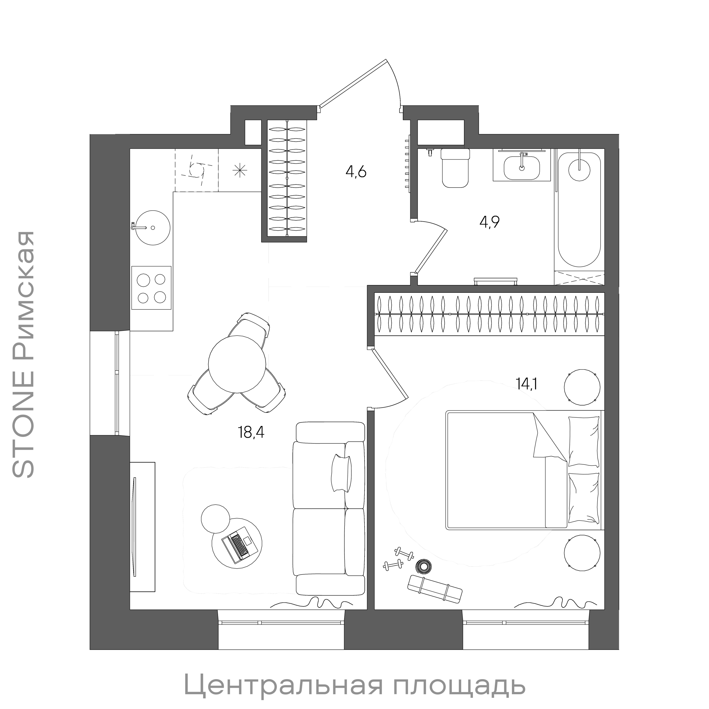 Планировка: 1-комнатная, 42 м²