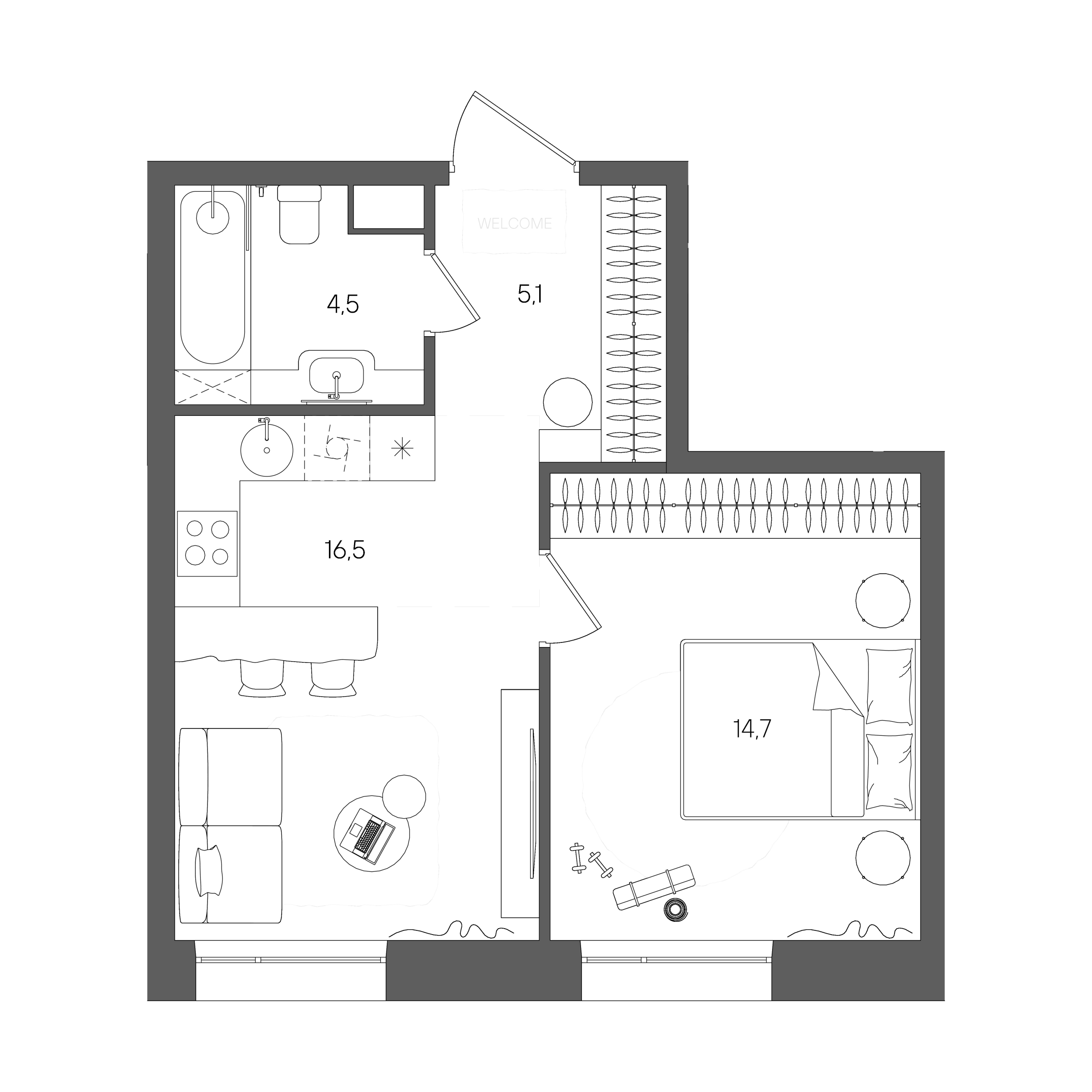 Планировка: 1-комнатная, 40,8 м²