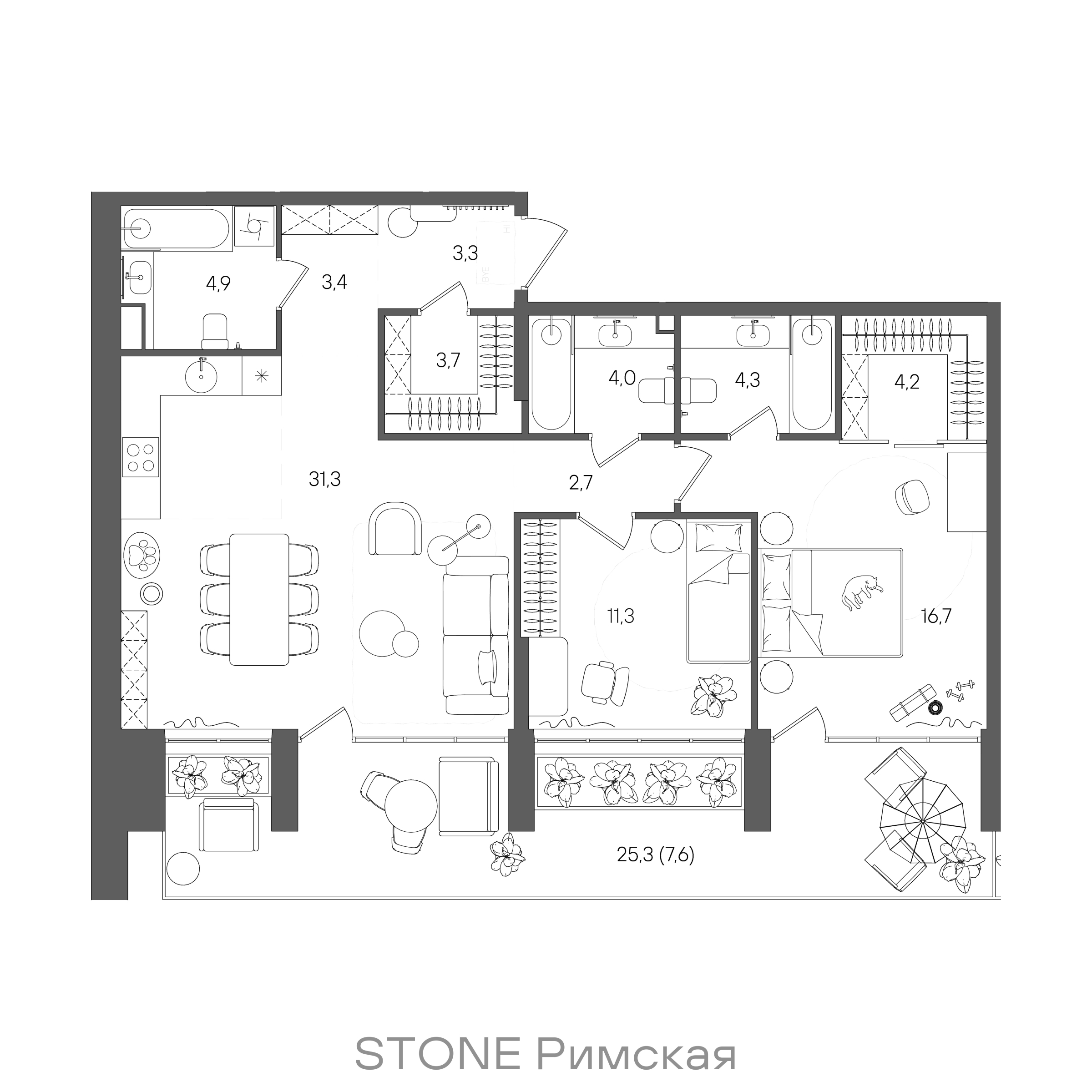Планировка: 2-комнатная, 97,4 м²