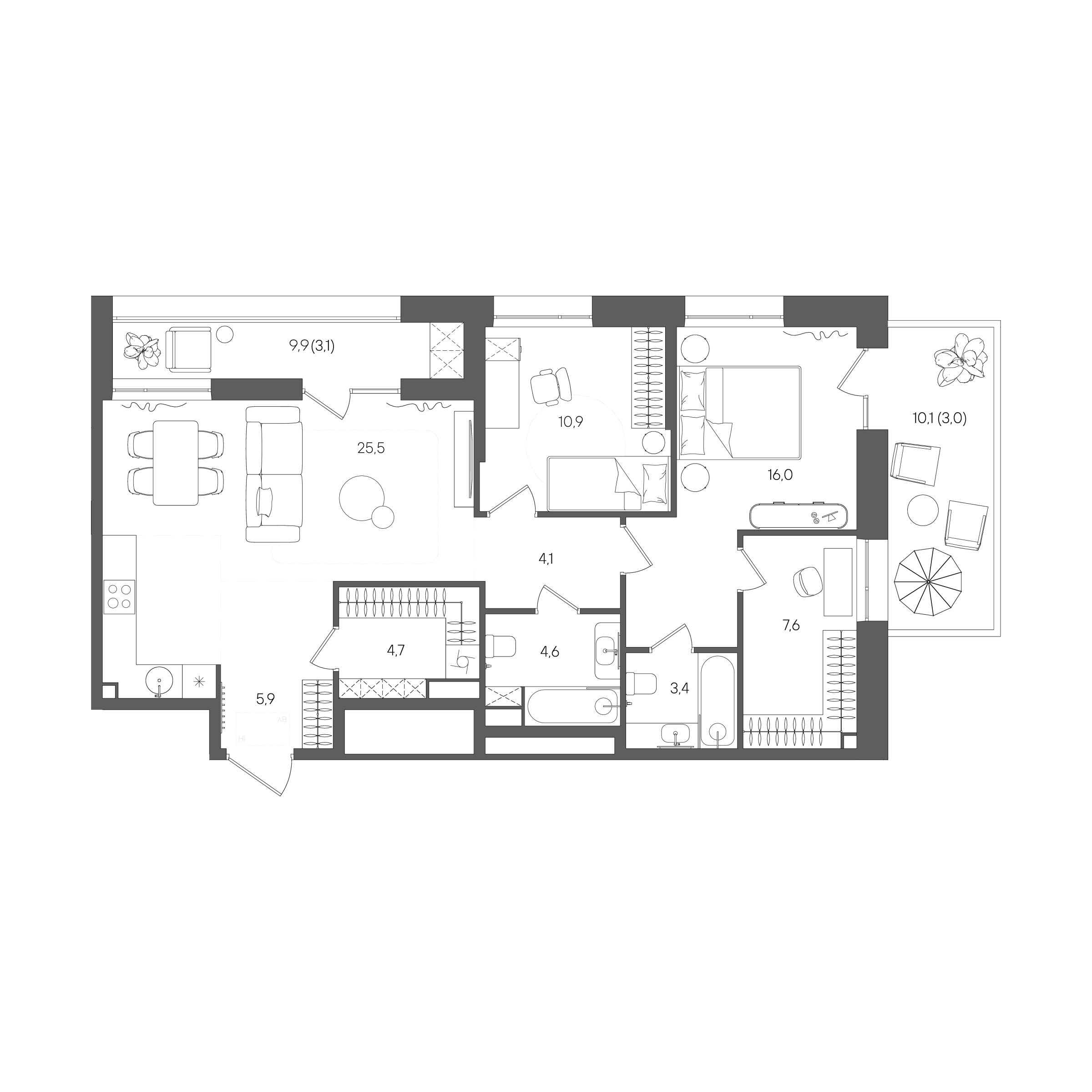 Планировка: 2-комнатная, 88,8 м²