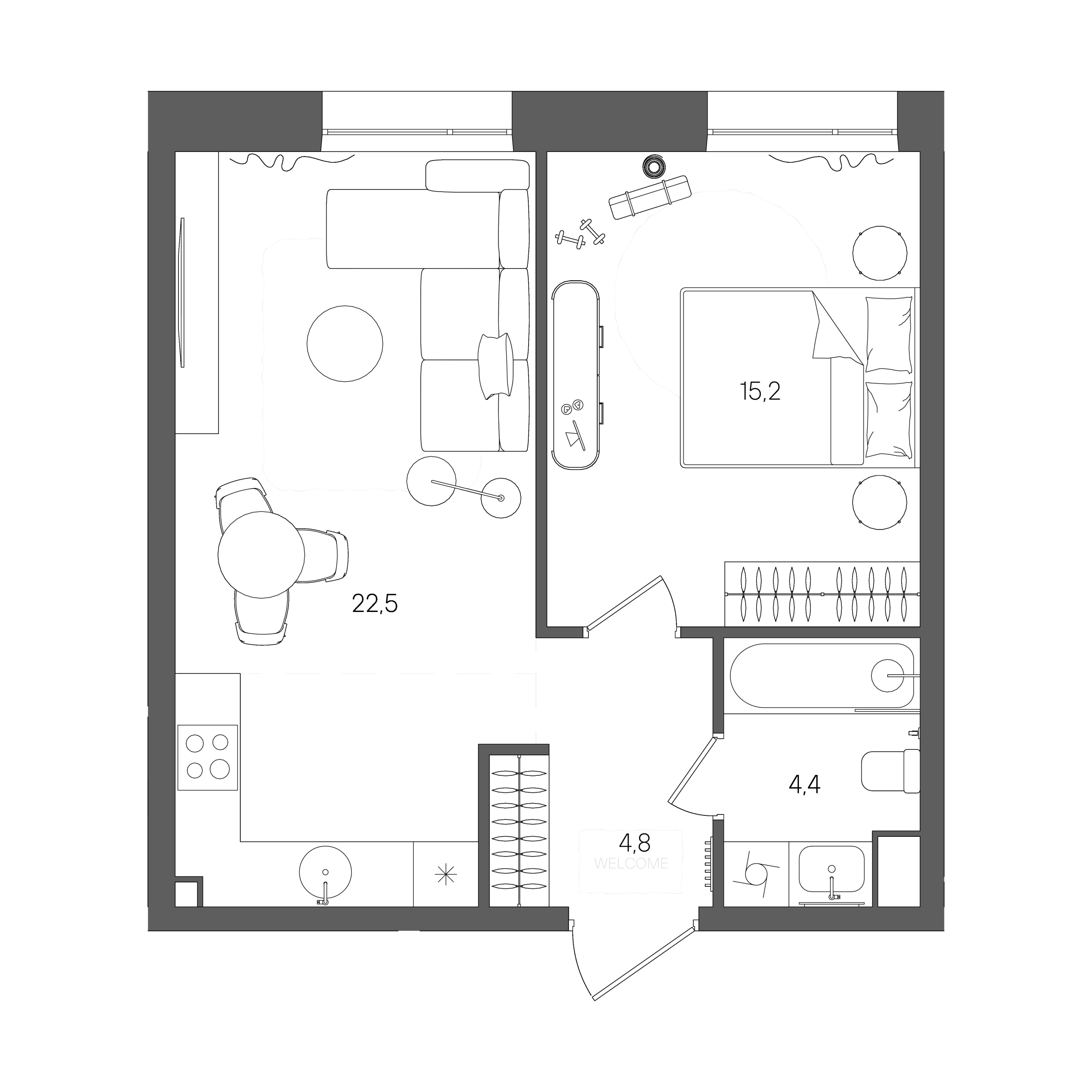 Планировка: 1-комнатная, 46,9 м²