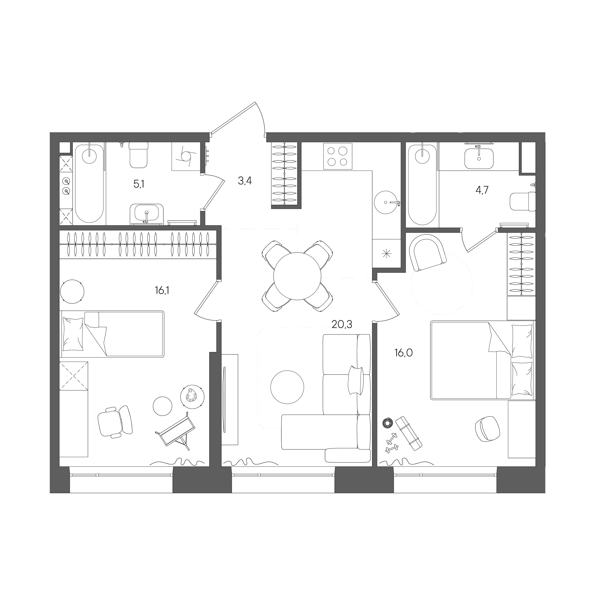 Планировка: 2-комнатная, 65,6 м²