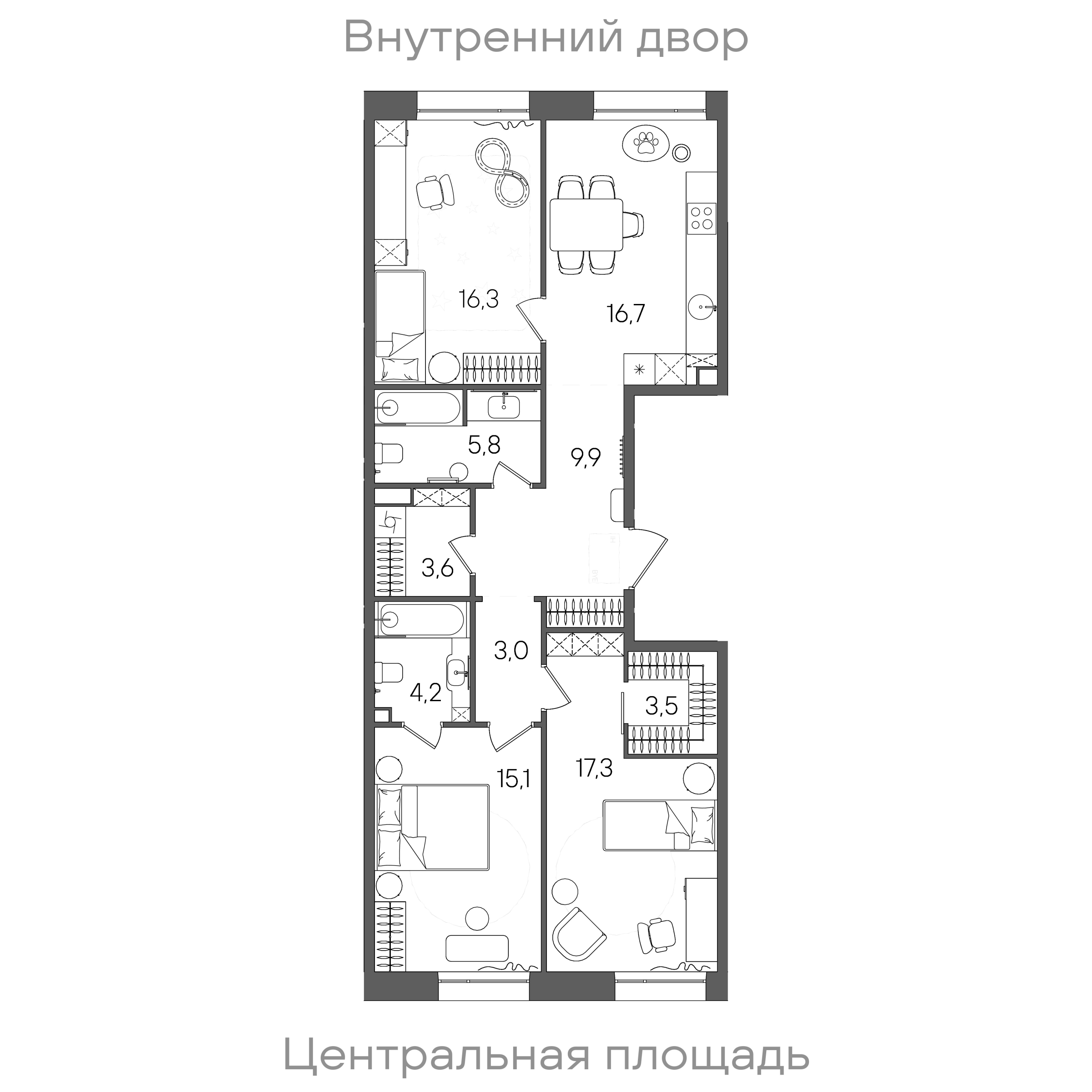 Планировка: 3-комнатная, 95,4 м²