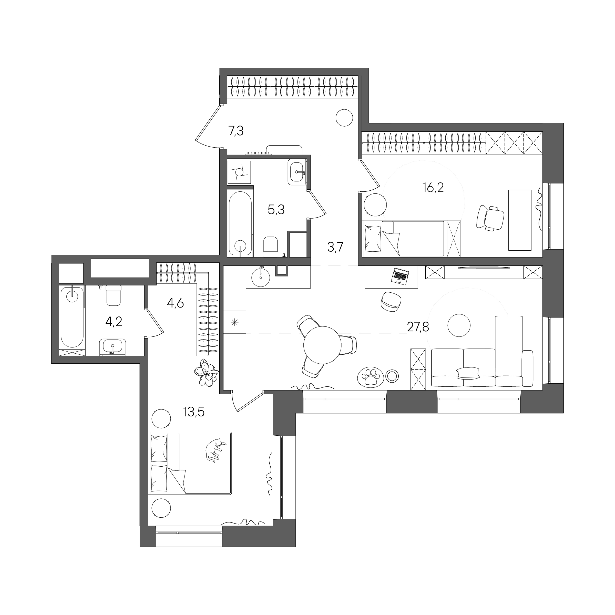 Планировка: 2-комнатная, 82,6 м²