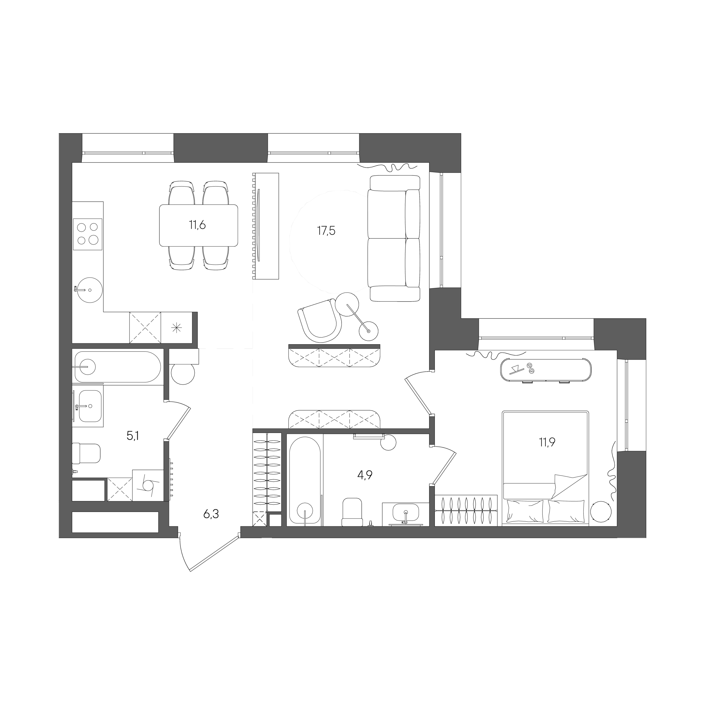 Планировка: 1-комнатная, 57,3 м²
