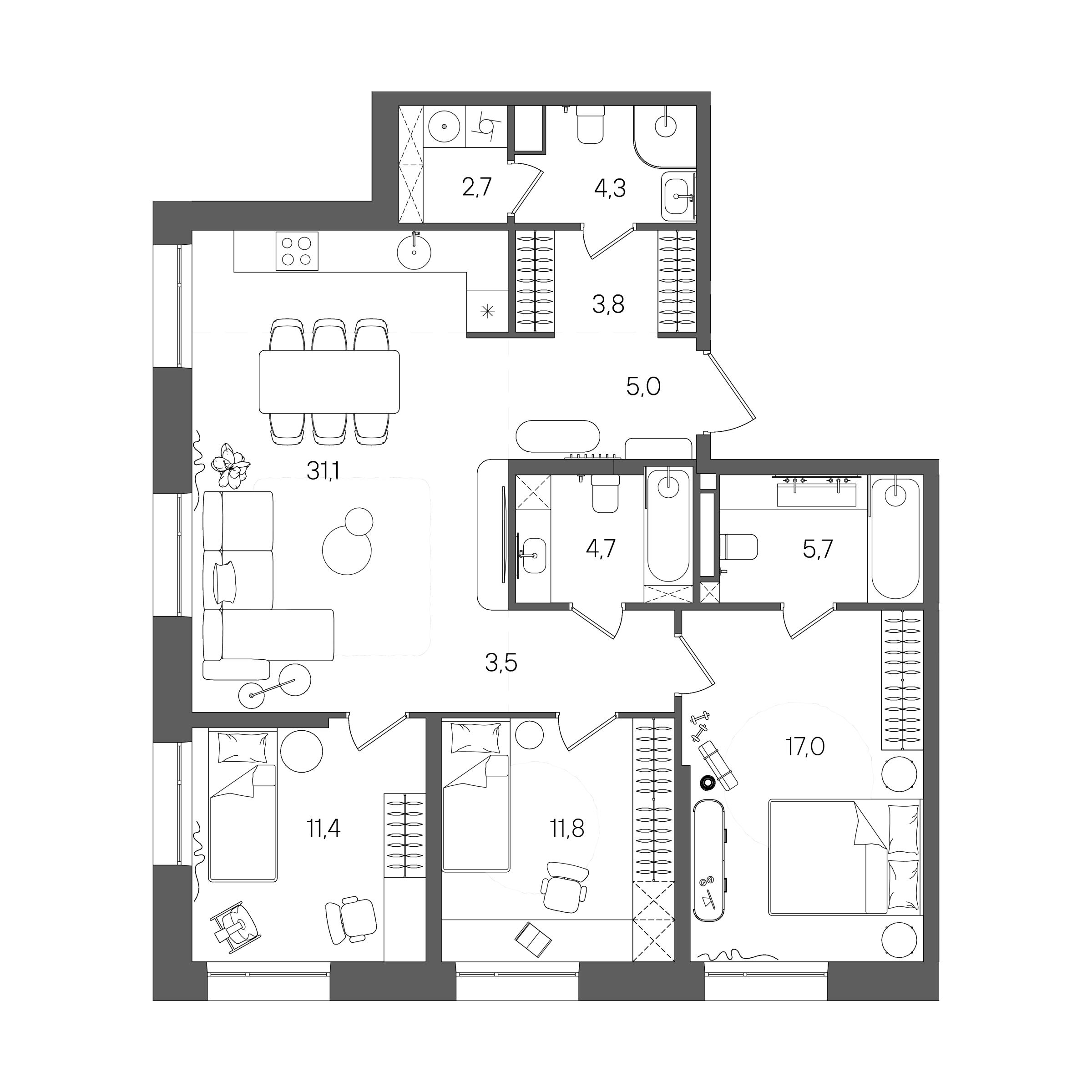 Планировка: 3-комнатная, 101 м²