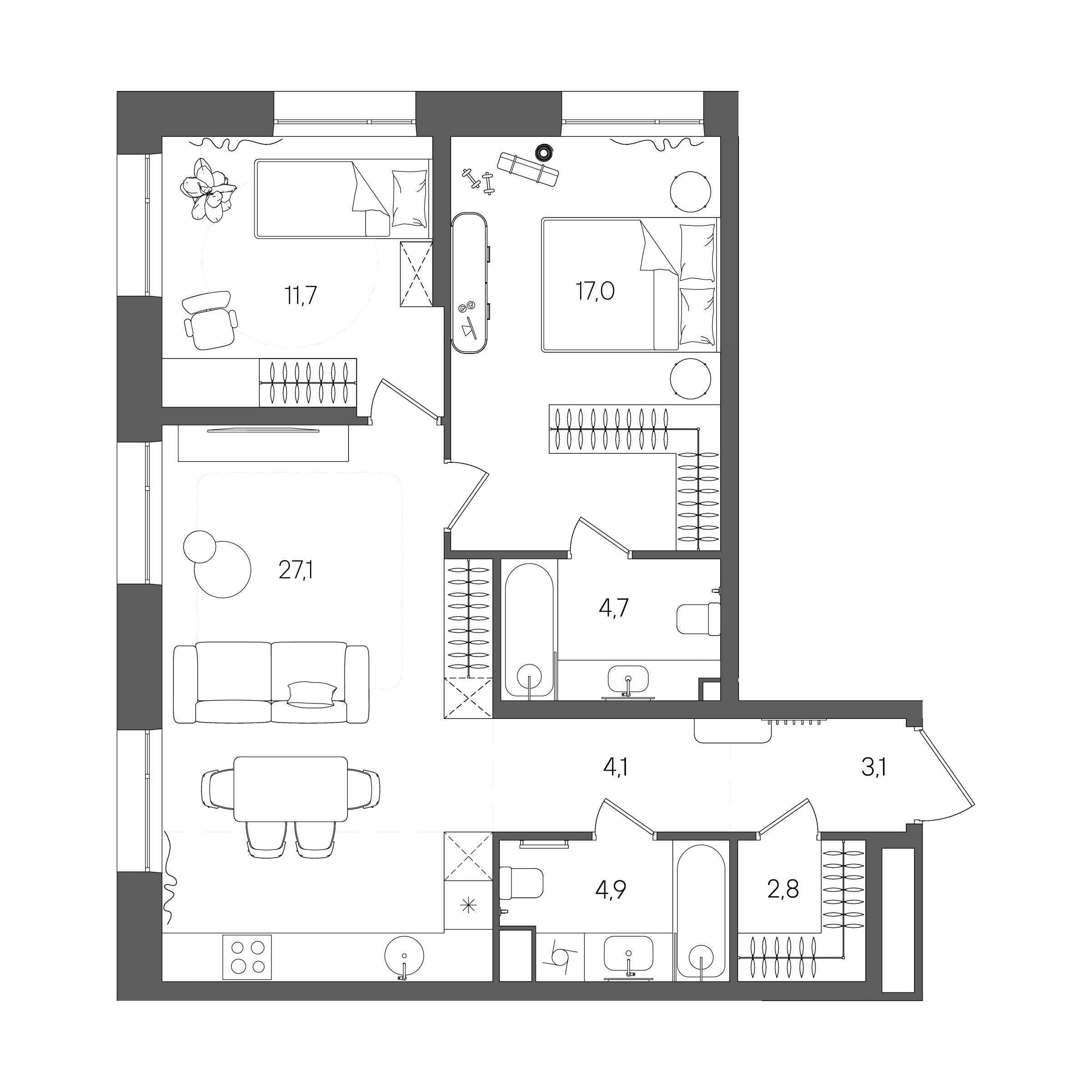 Планировка: 2-комнатная, 75,4 м²