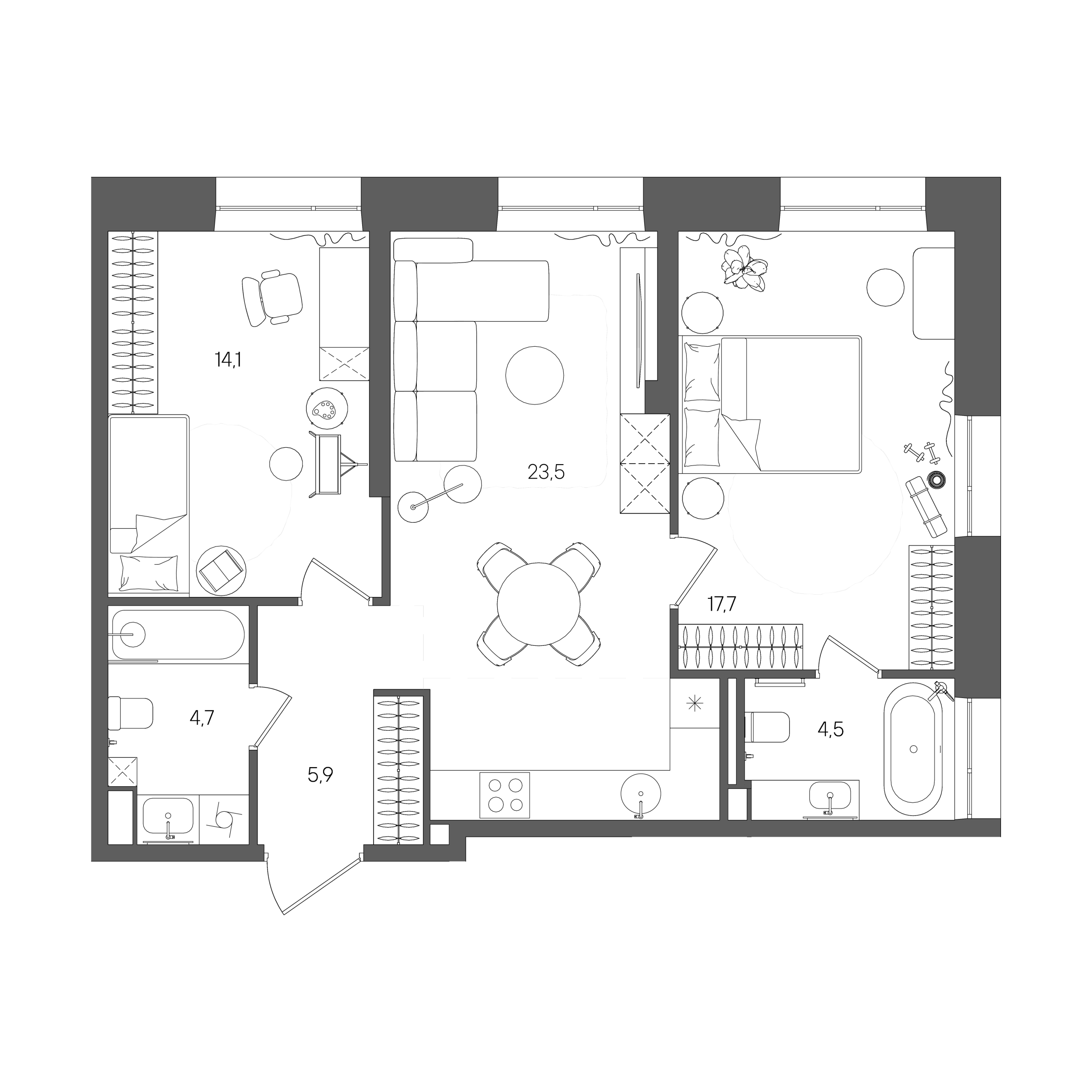 Планировка: 2-комнатная, 70,4 м²