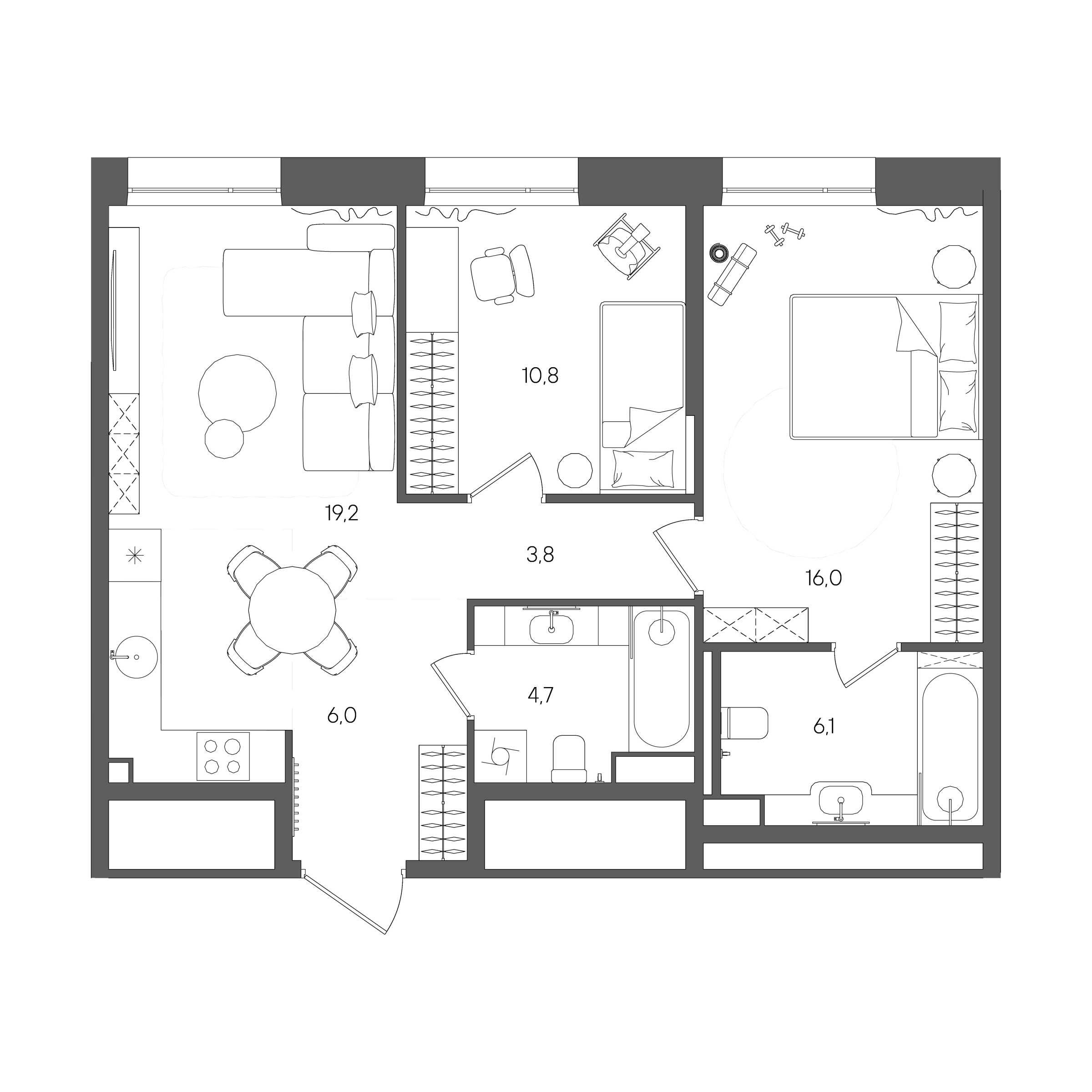Планировка: 2-комнатная, 66,6 м²
