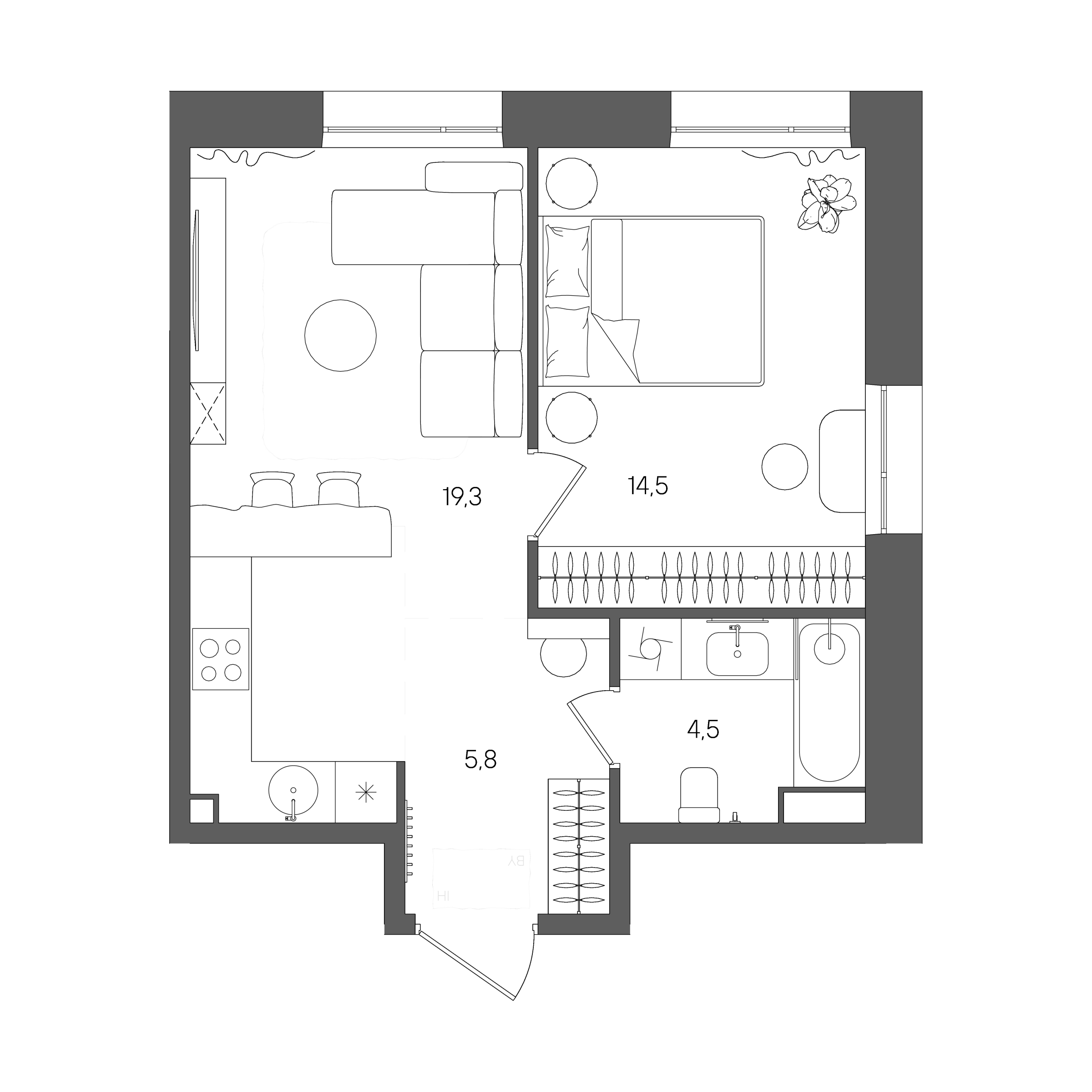 Планировка: 1-комнатная, 44,1 м²