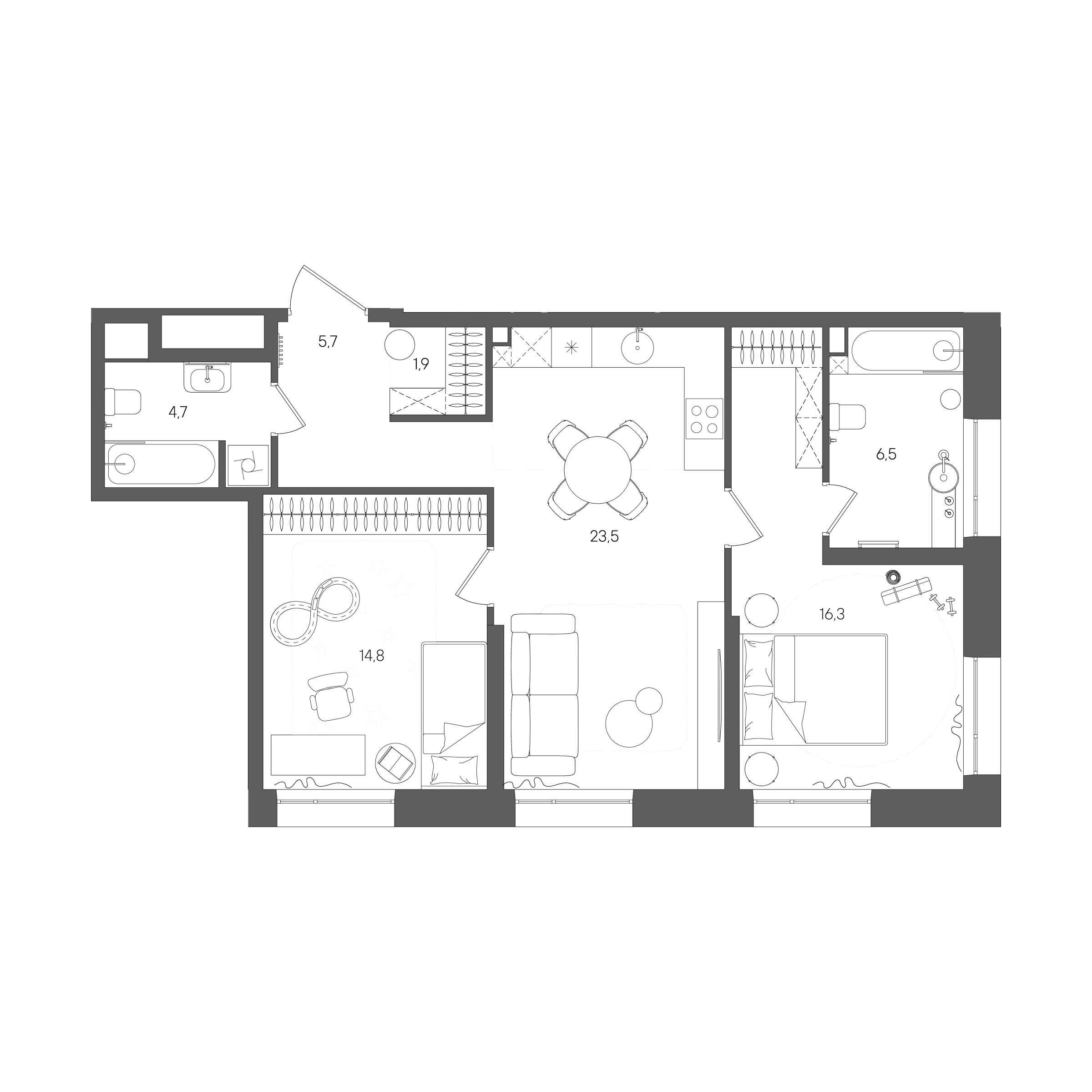 Планировка: 2-комнатная, 73,4 м²