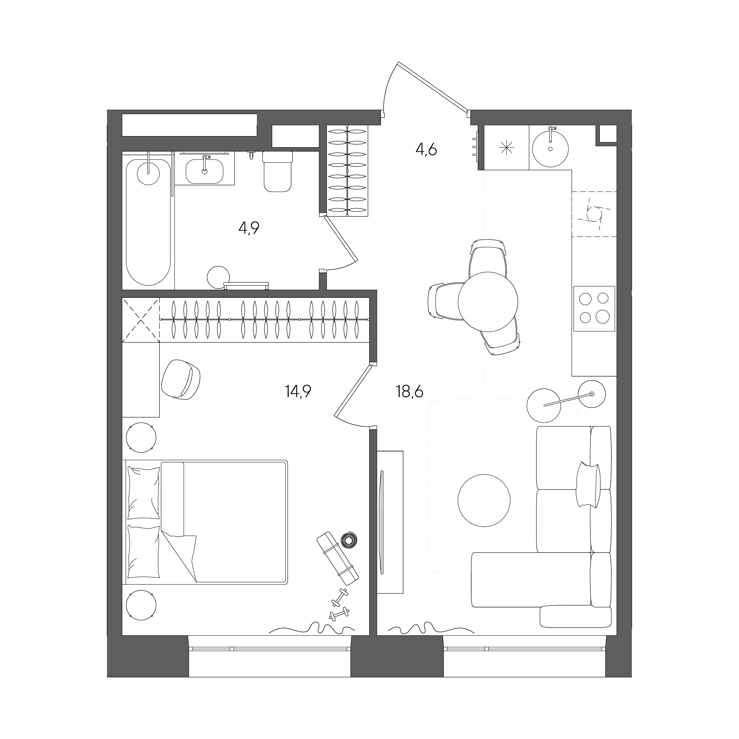 Планировка: 1-комнатная, 43 м²
