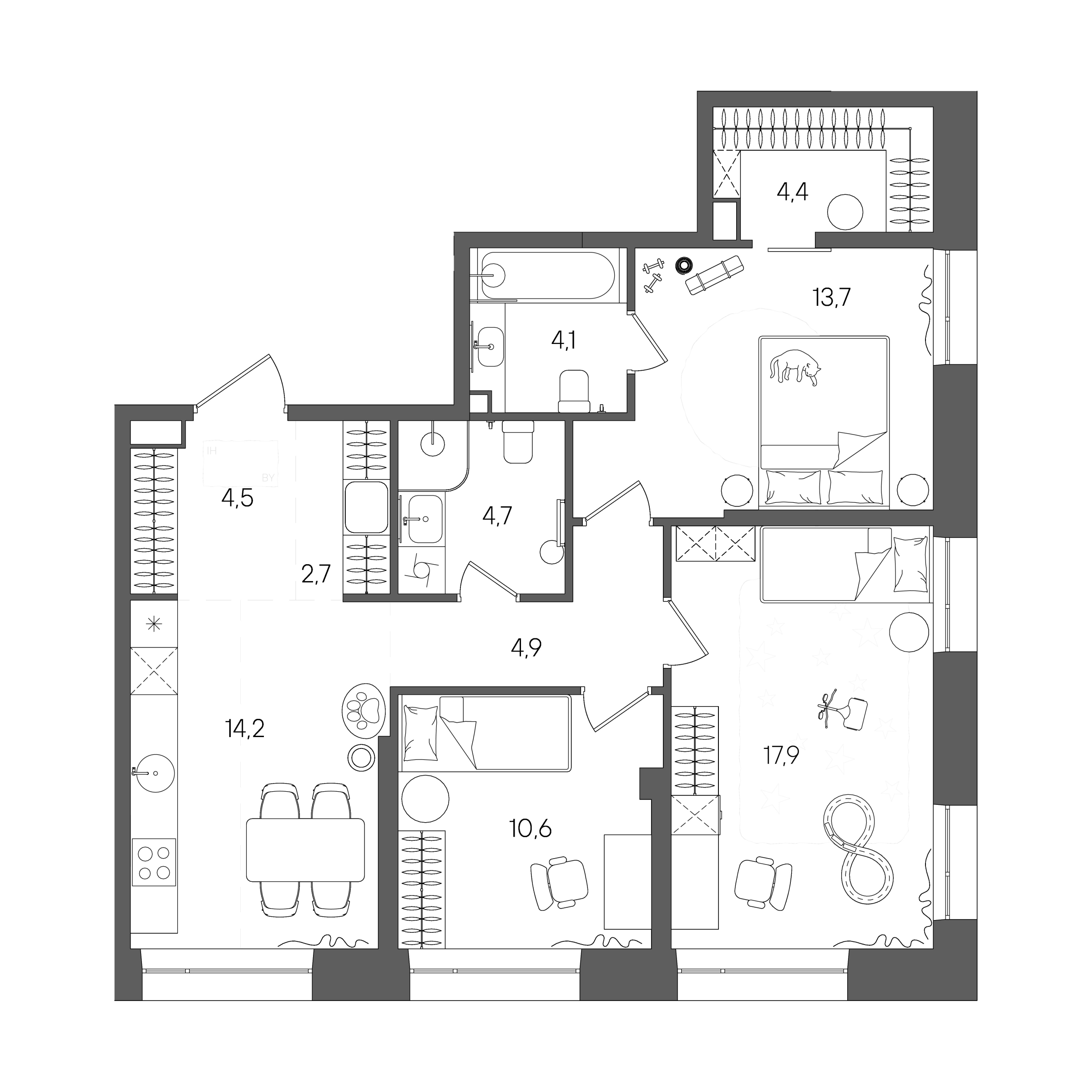 Планировка: 3-комнатная, 81,7 м²