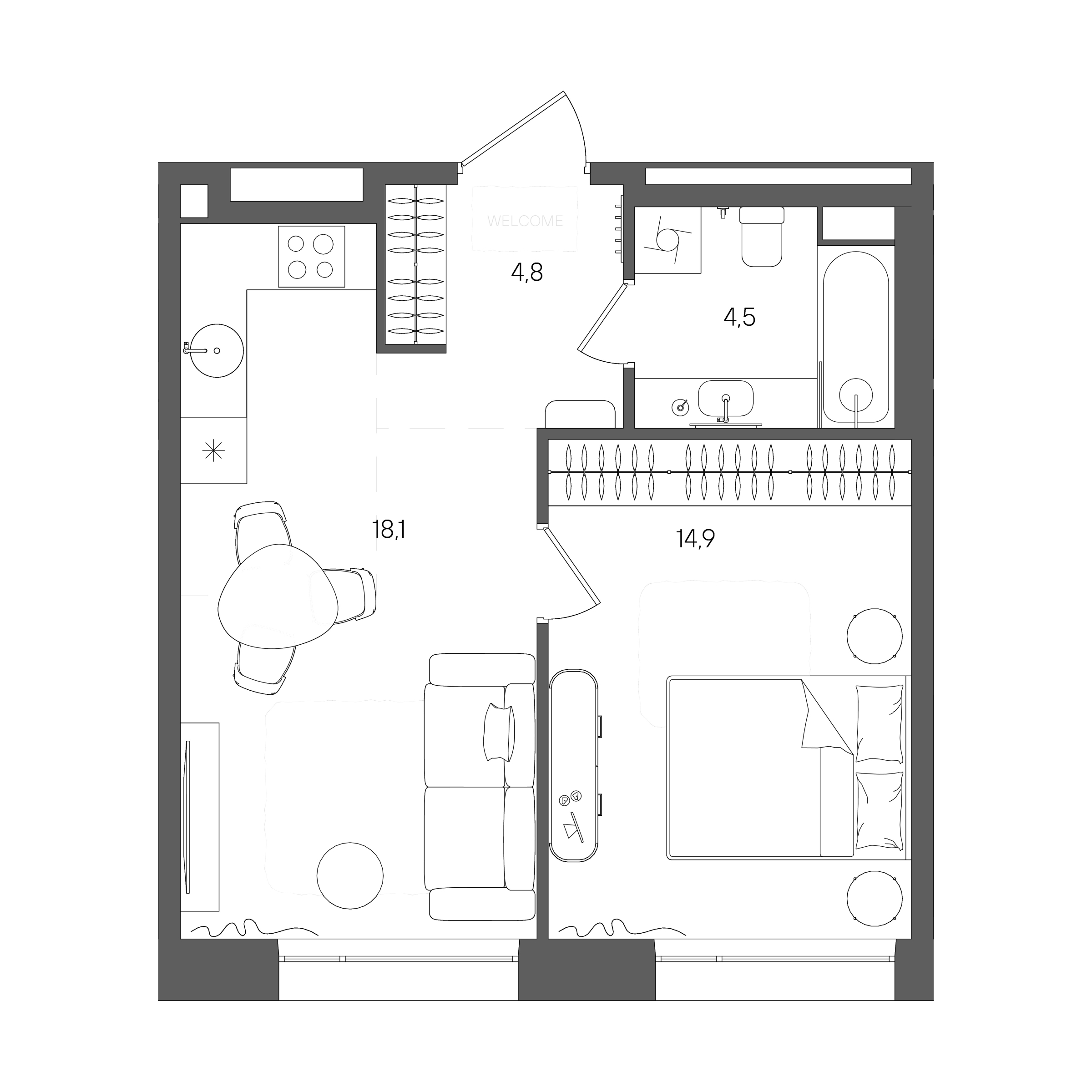 Планировка: 1-комнатная, 42,3 м²