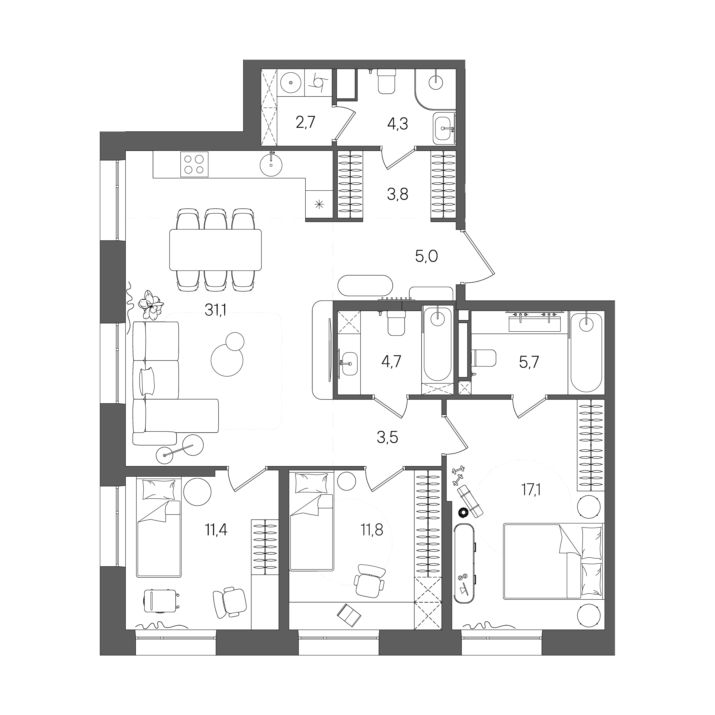 Планировка: 3-комнатная, 101,1 м²