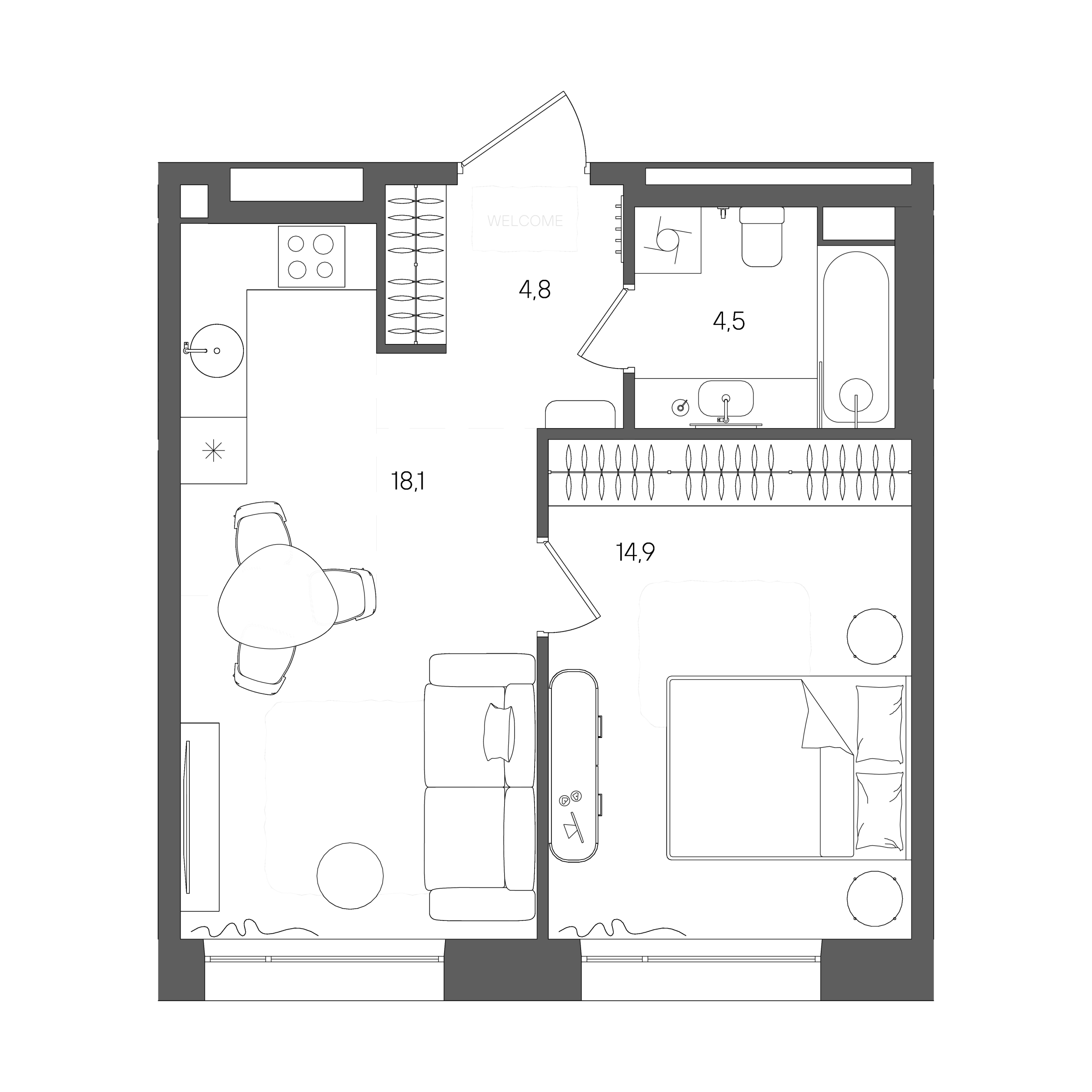 Планировка: 1-комнатная, 42,3 м²