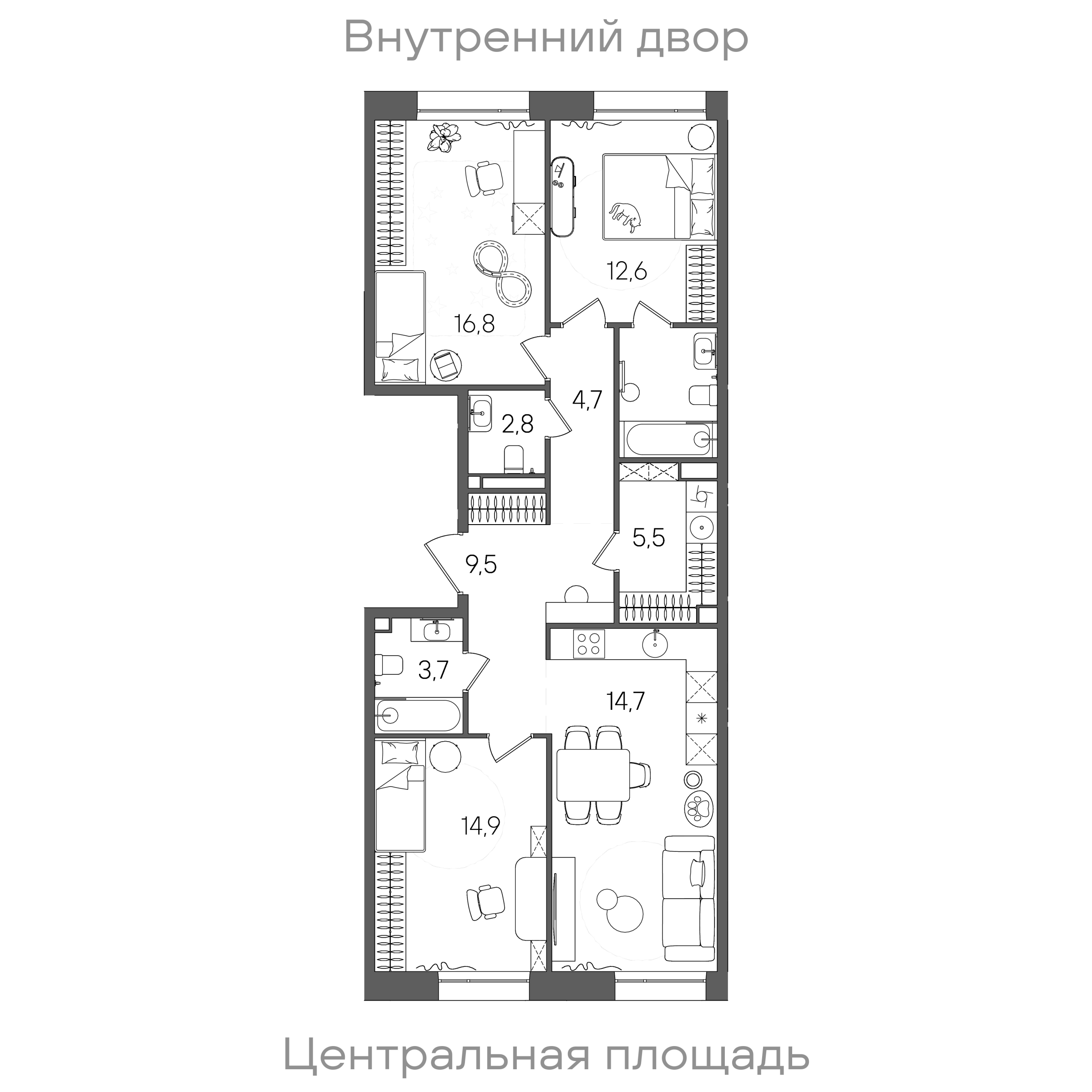 Планировка: 3-комнатная, 96,7 м²