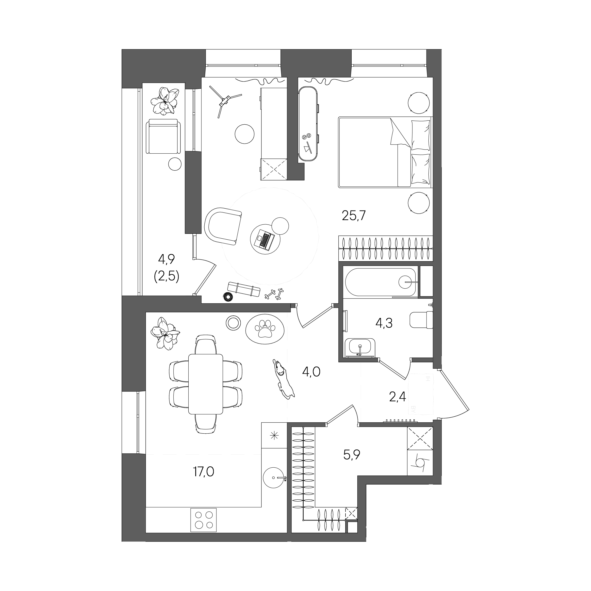 Планировка: 1-комнатная, 61,8 м²