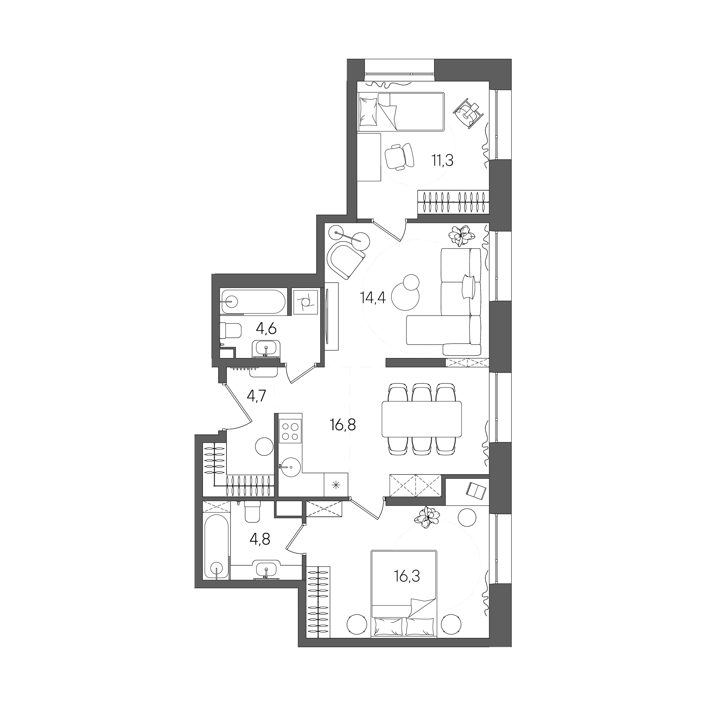 Планировка: 2-комнатная, 72,9 м²