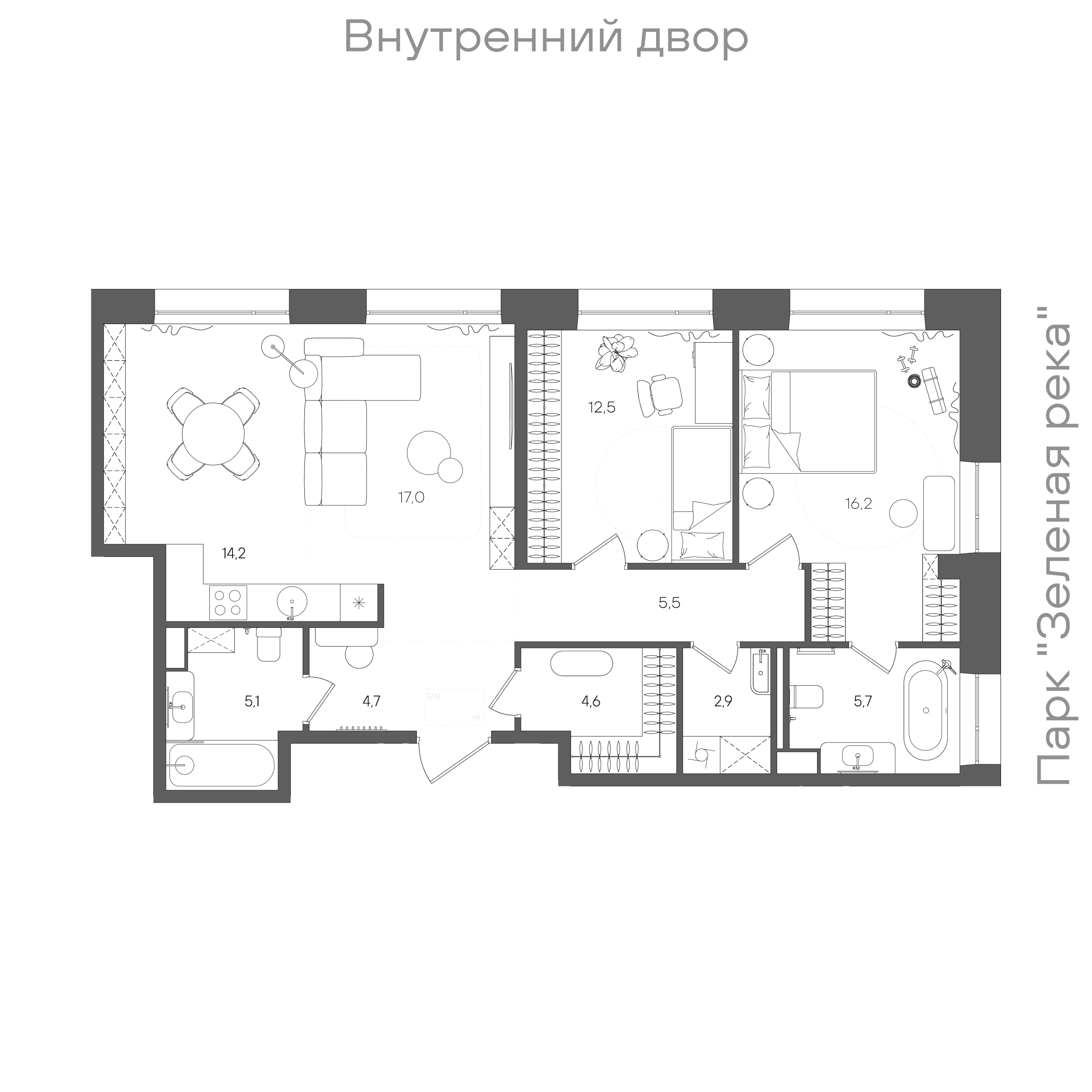 Планировка: 2-комнатная, 88,4 м²