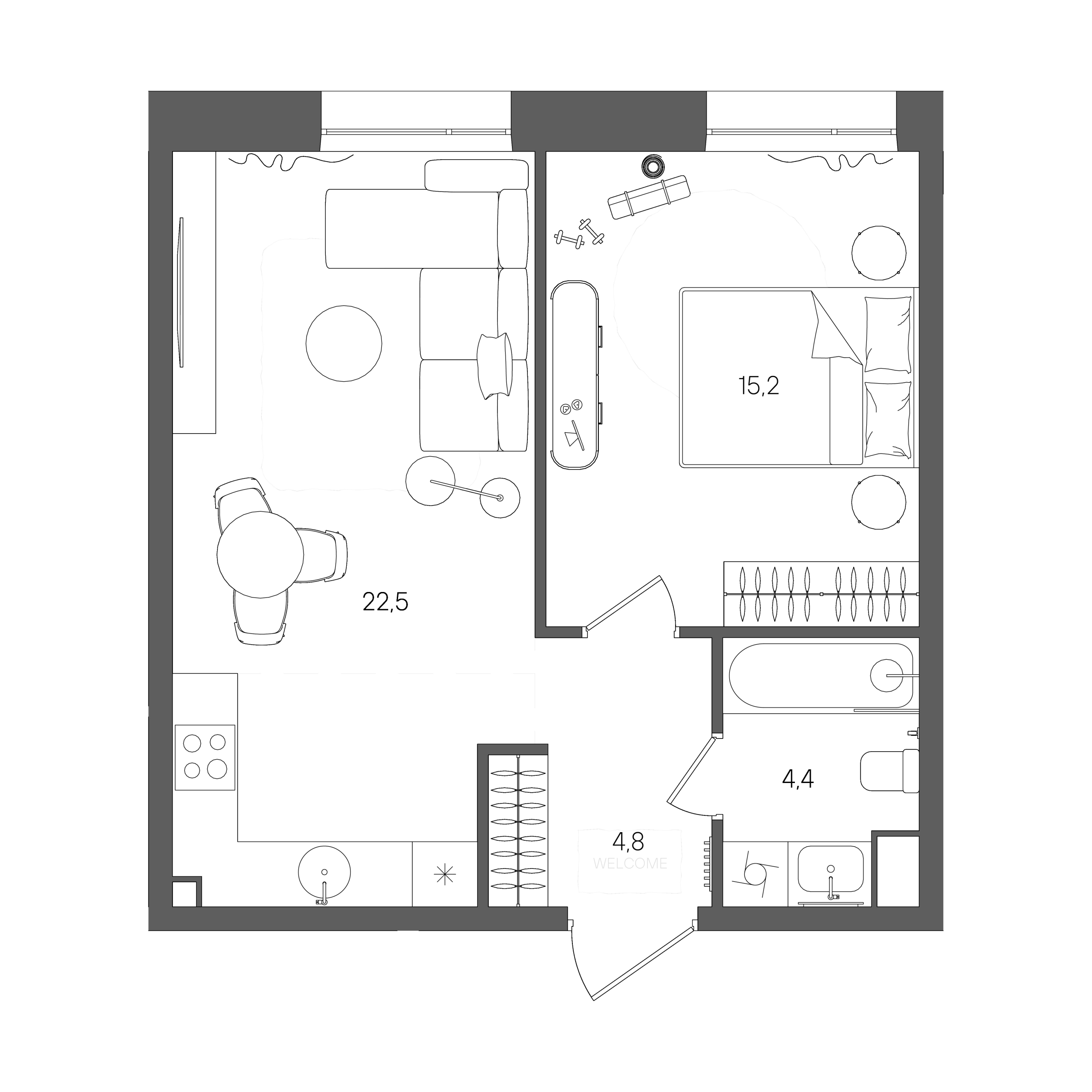 Планировка: 1-комнатная, 46,9 м²