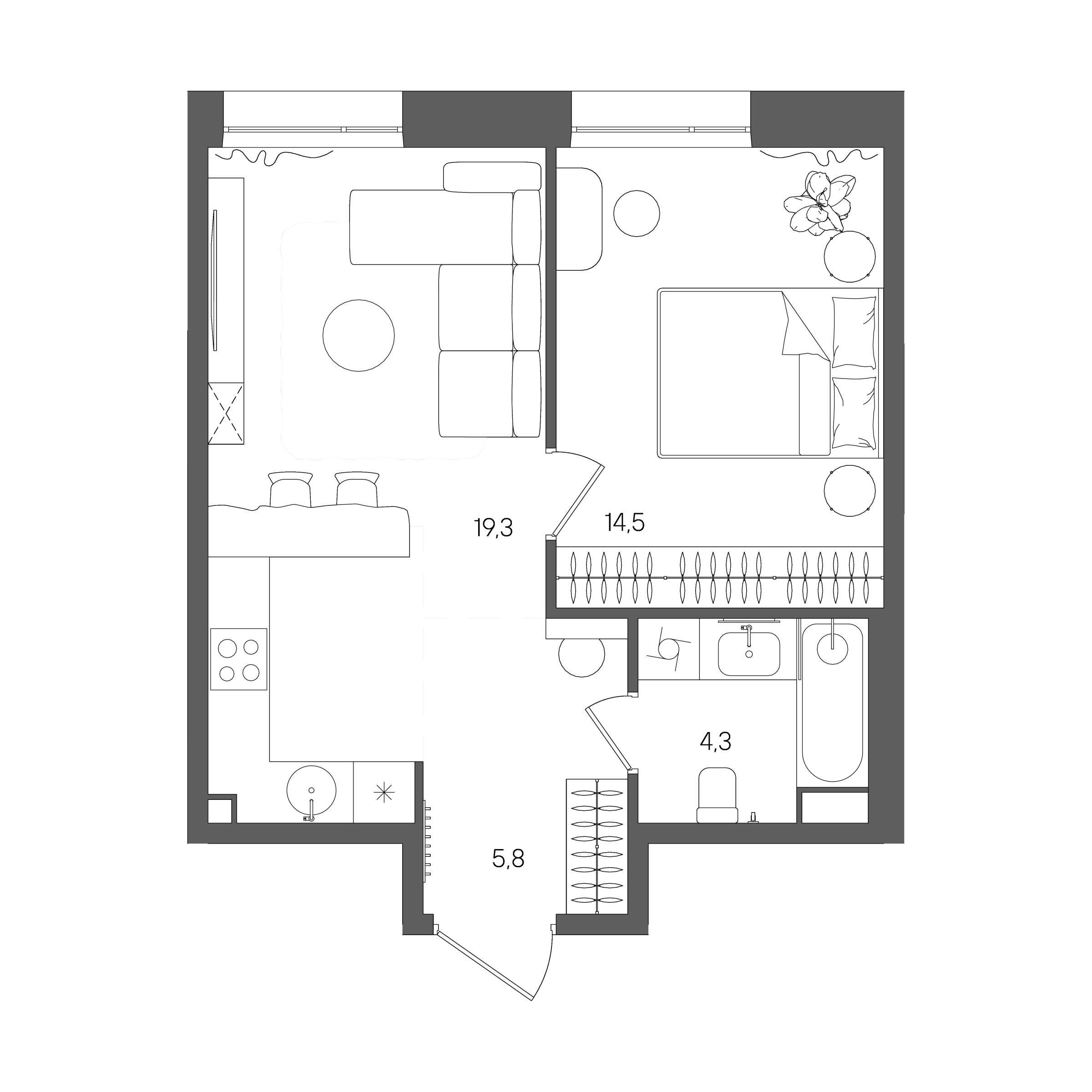 Планировка: 1-комнатная, 43,9 м²