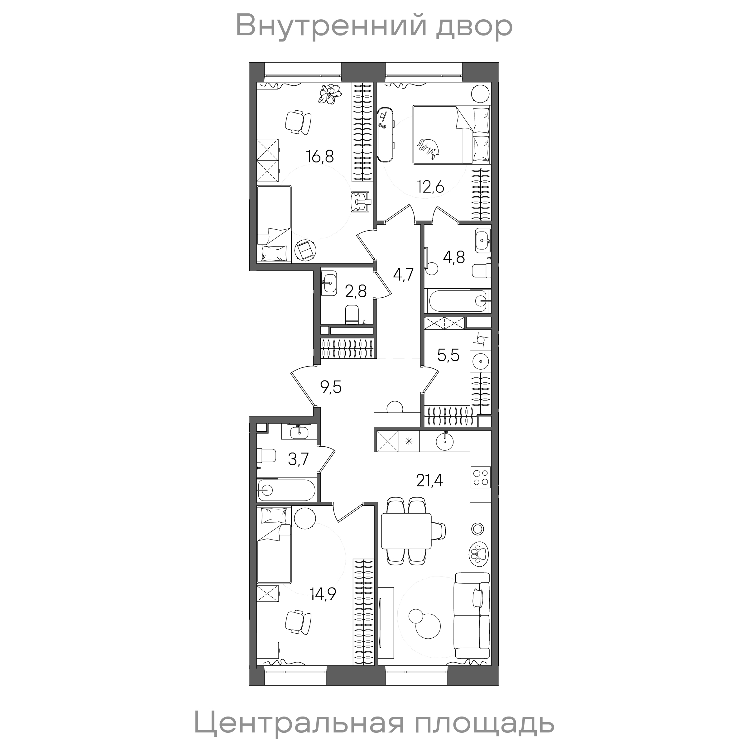 Планировка: 3-комнатная, 96,7 м²