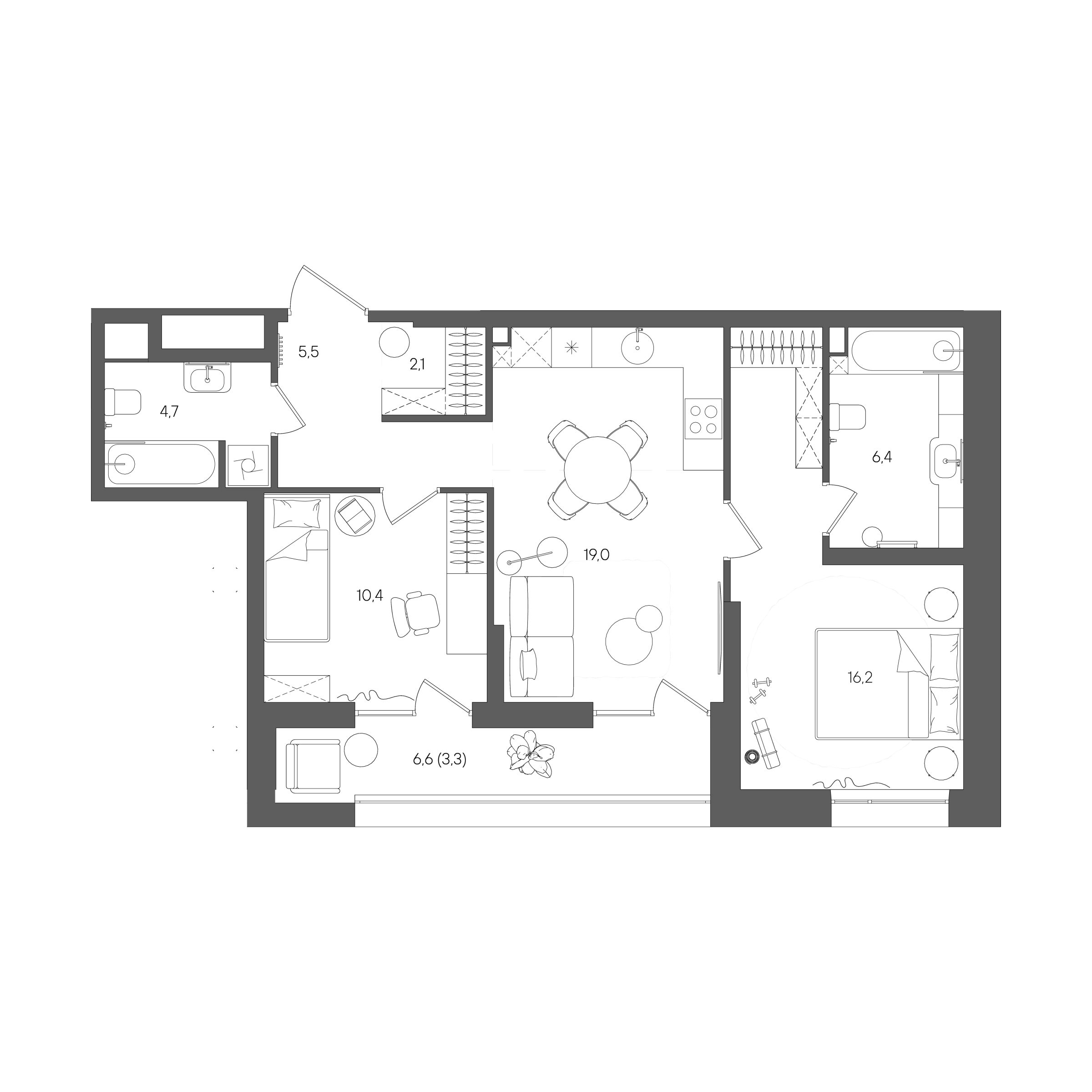 Планировка: 2-комнатная, 67,6 м²