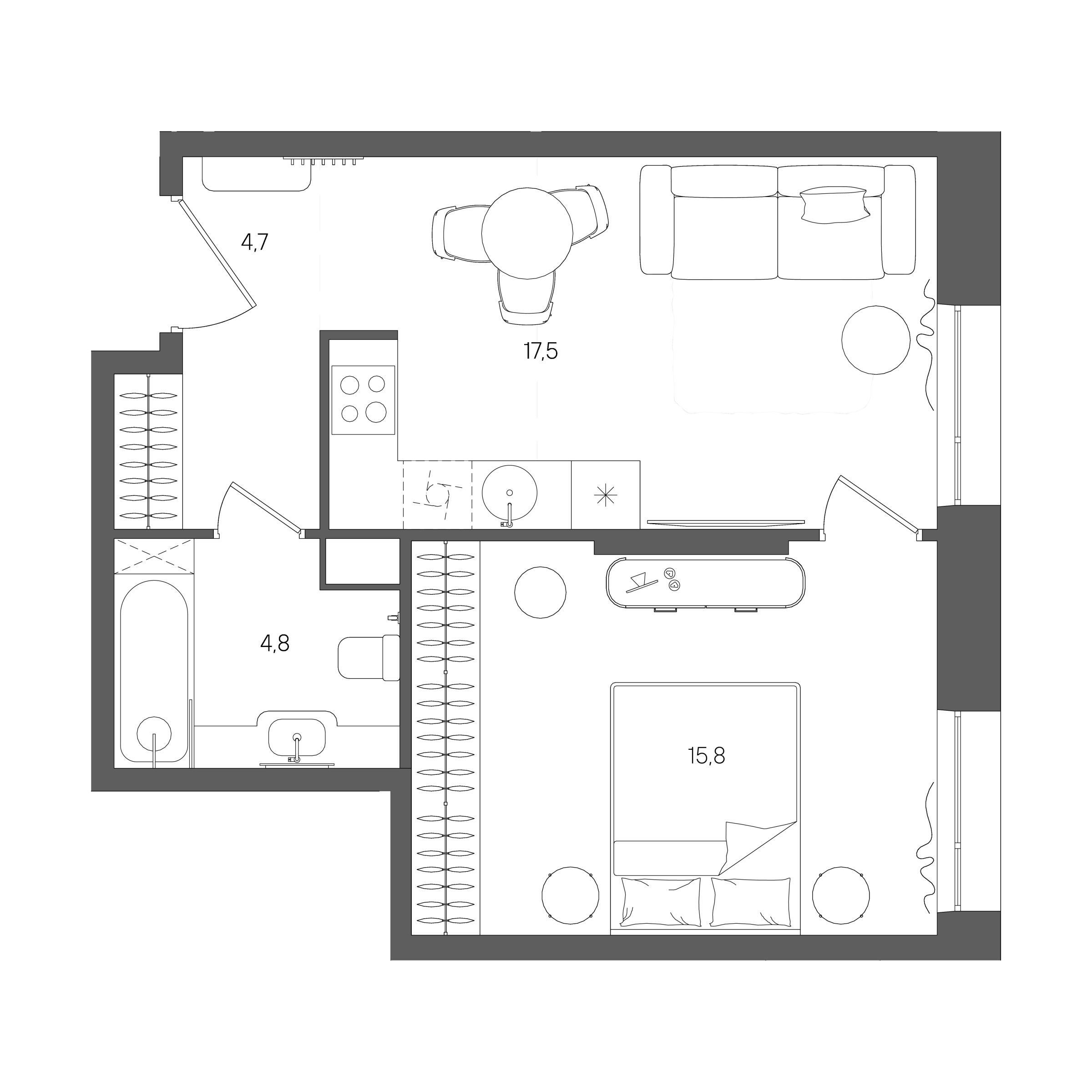 Планировка: 1-комнатная, 42,8 м²