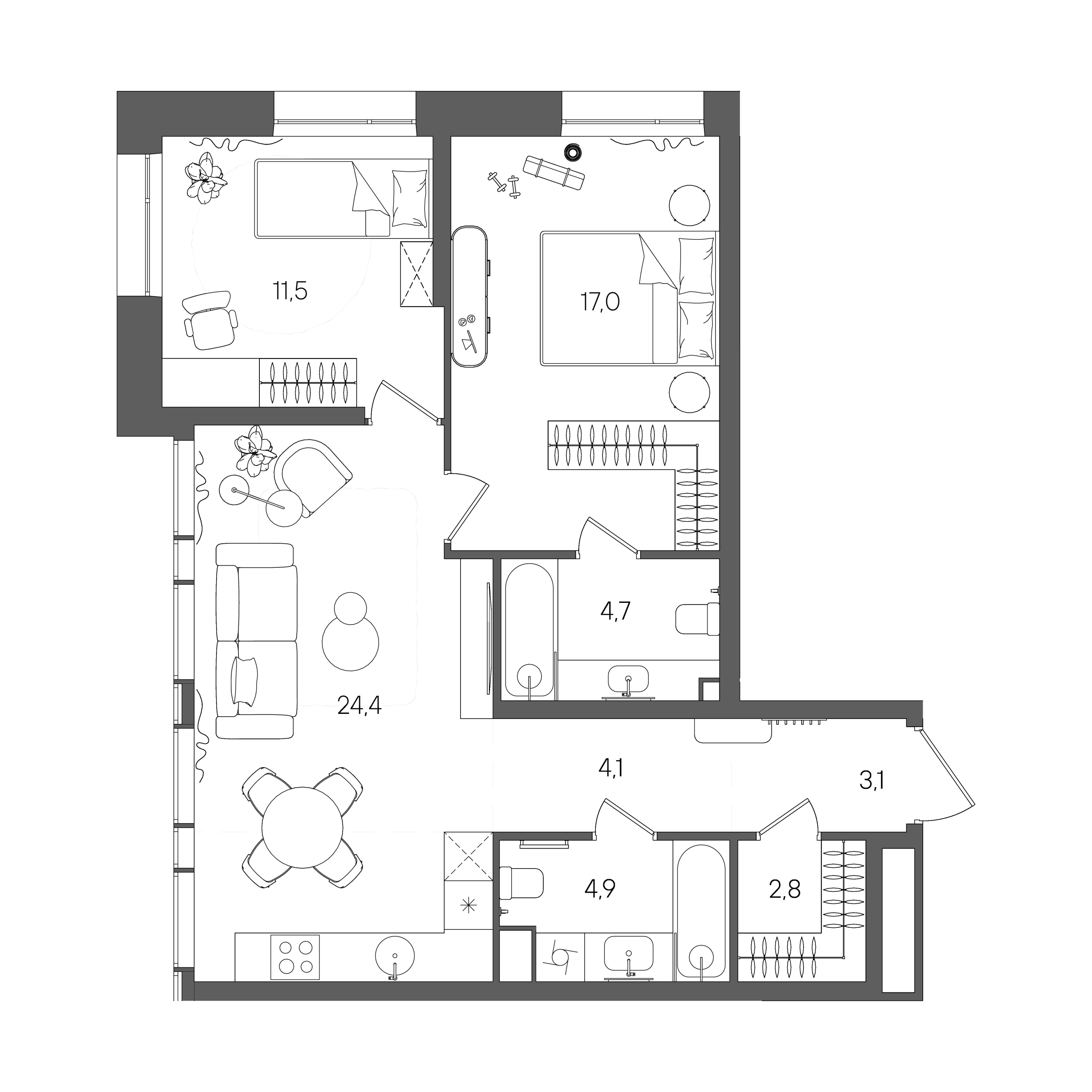 Планировка: 2-комнатная, 72,5 м²