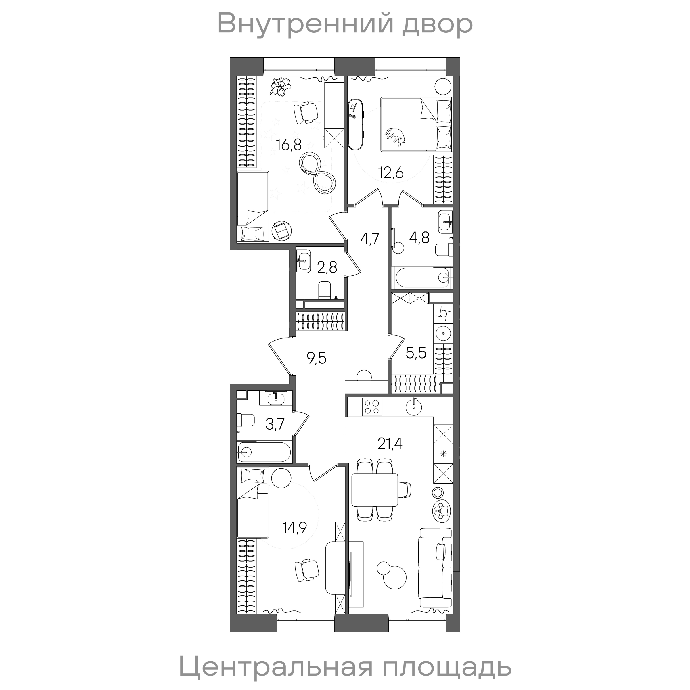 Планировка: 3-комнатная, 96,7 м²