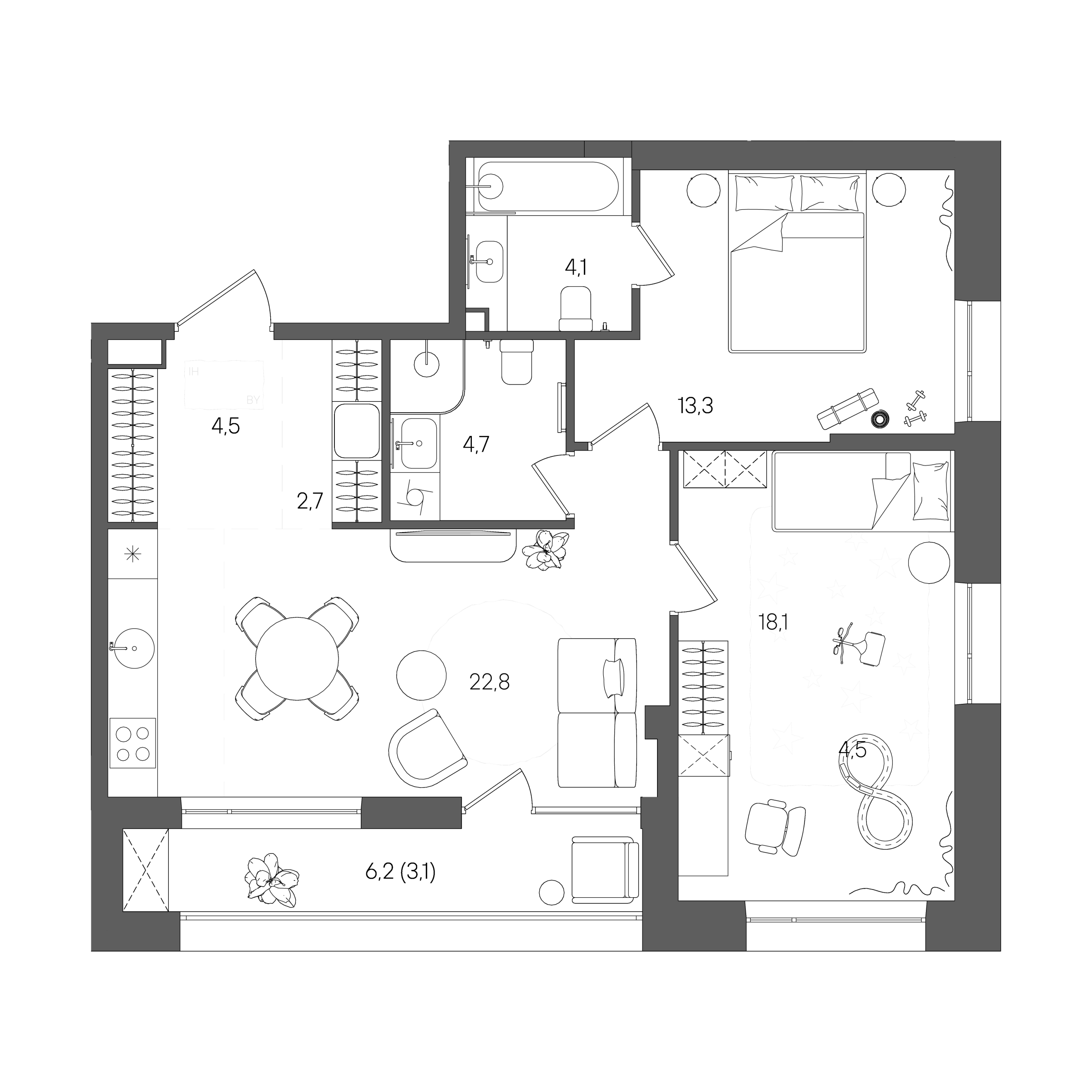 Планировка: 2-комнатная, 73,3 м²