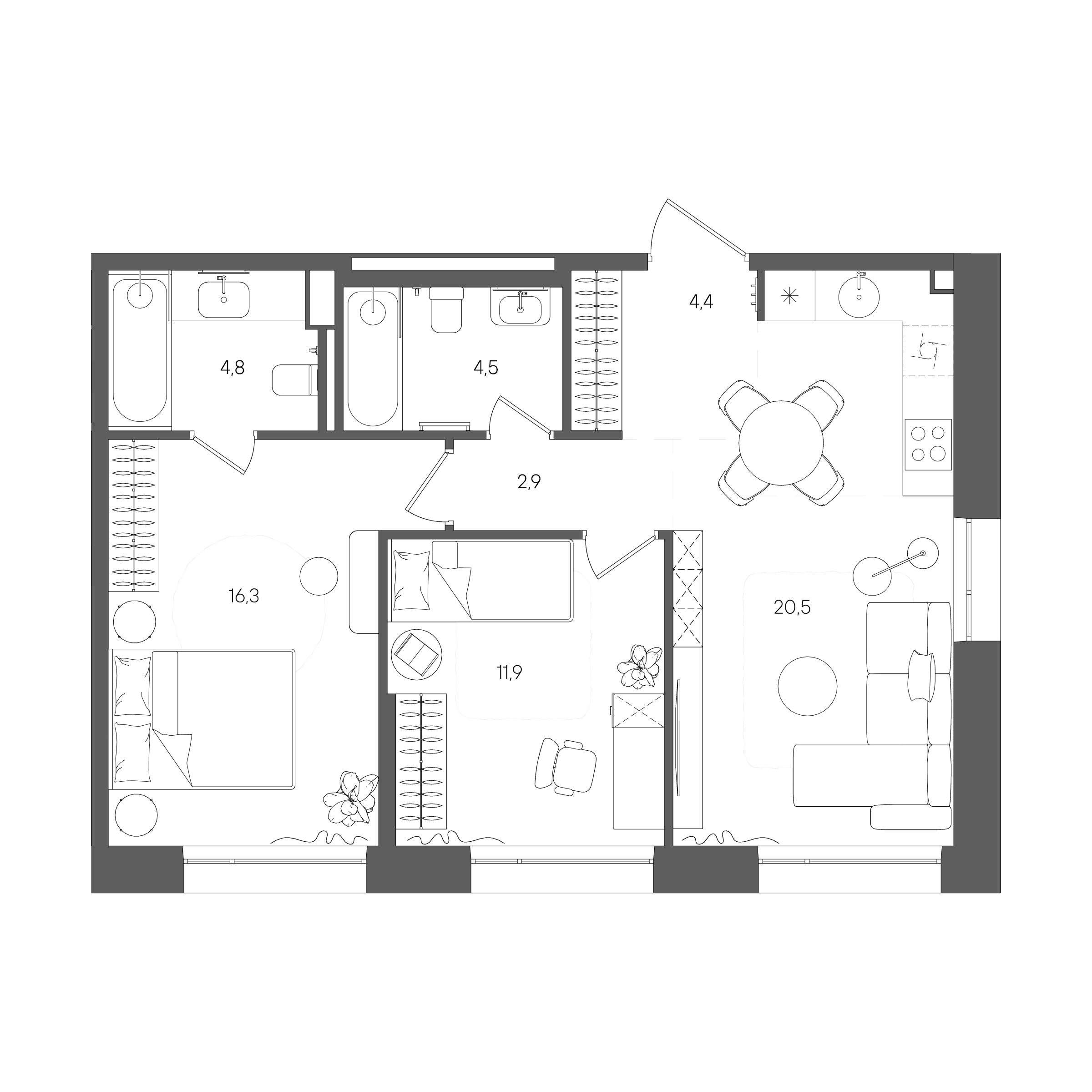 Планировка: 2-комнатная, 65,3 м²
