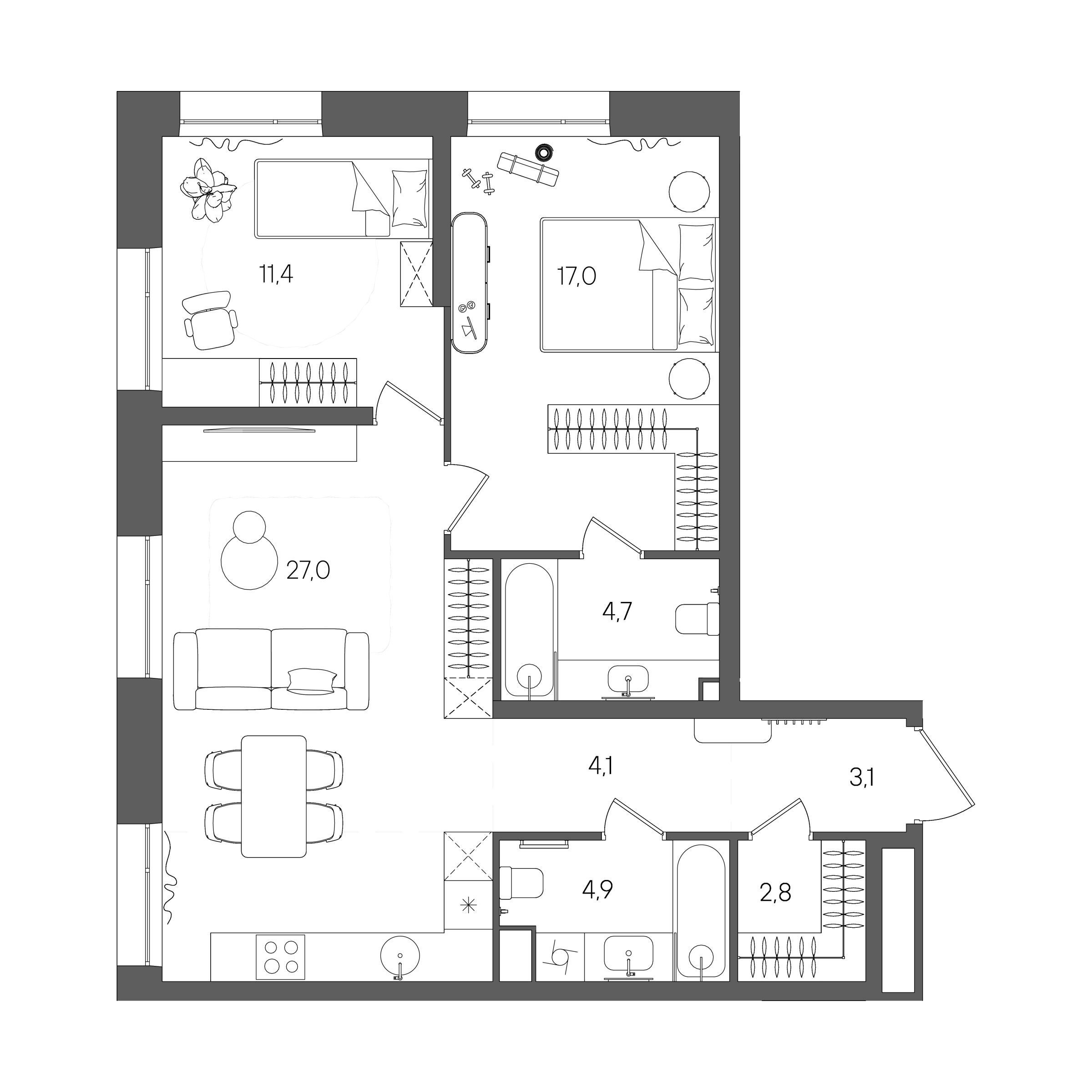 Планировка: 2-комнатная, 75 м²