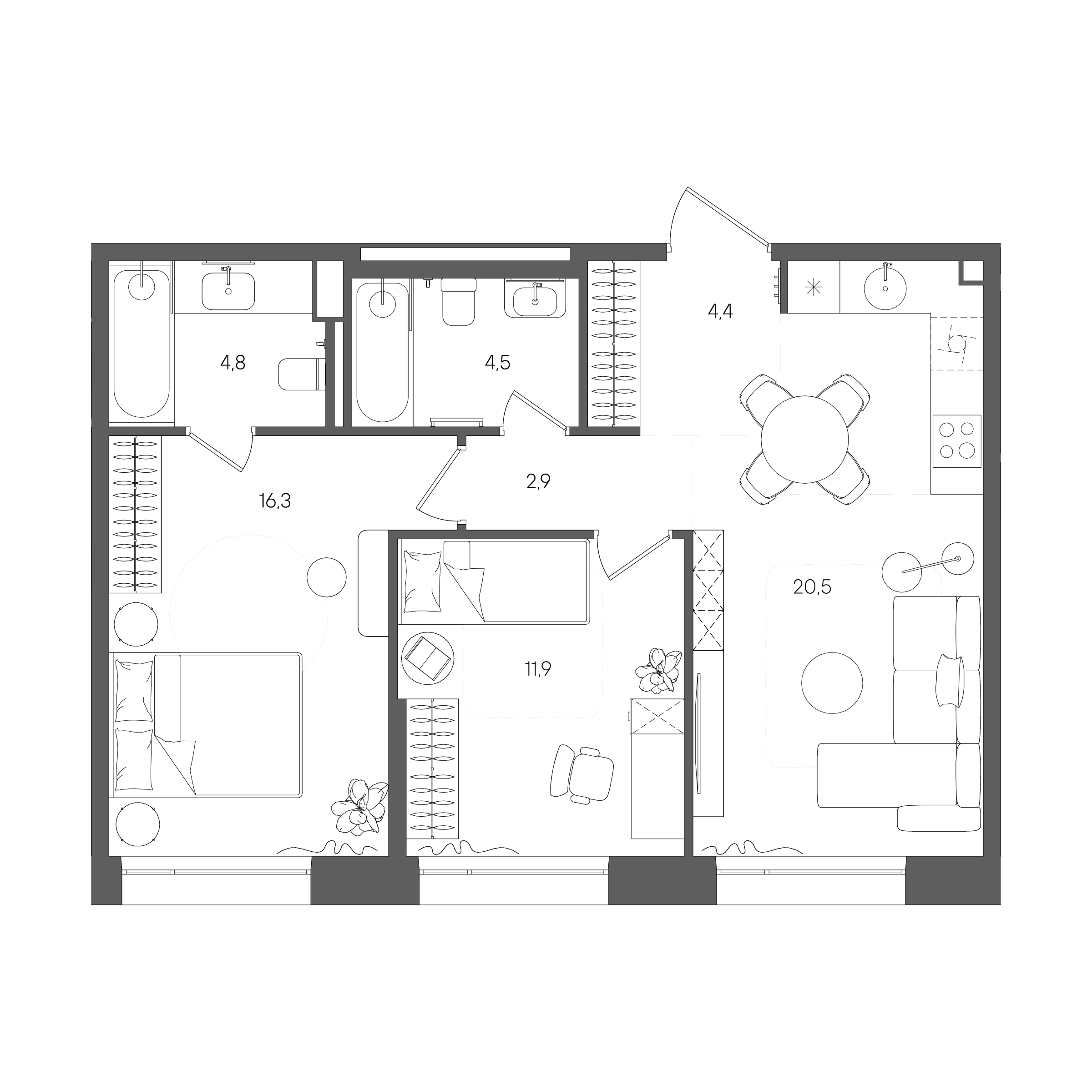 Планировка: 2-комнатная, 65,3 м²