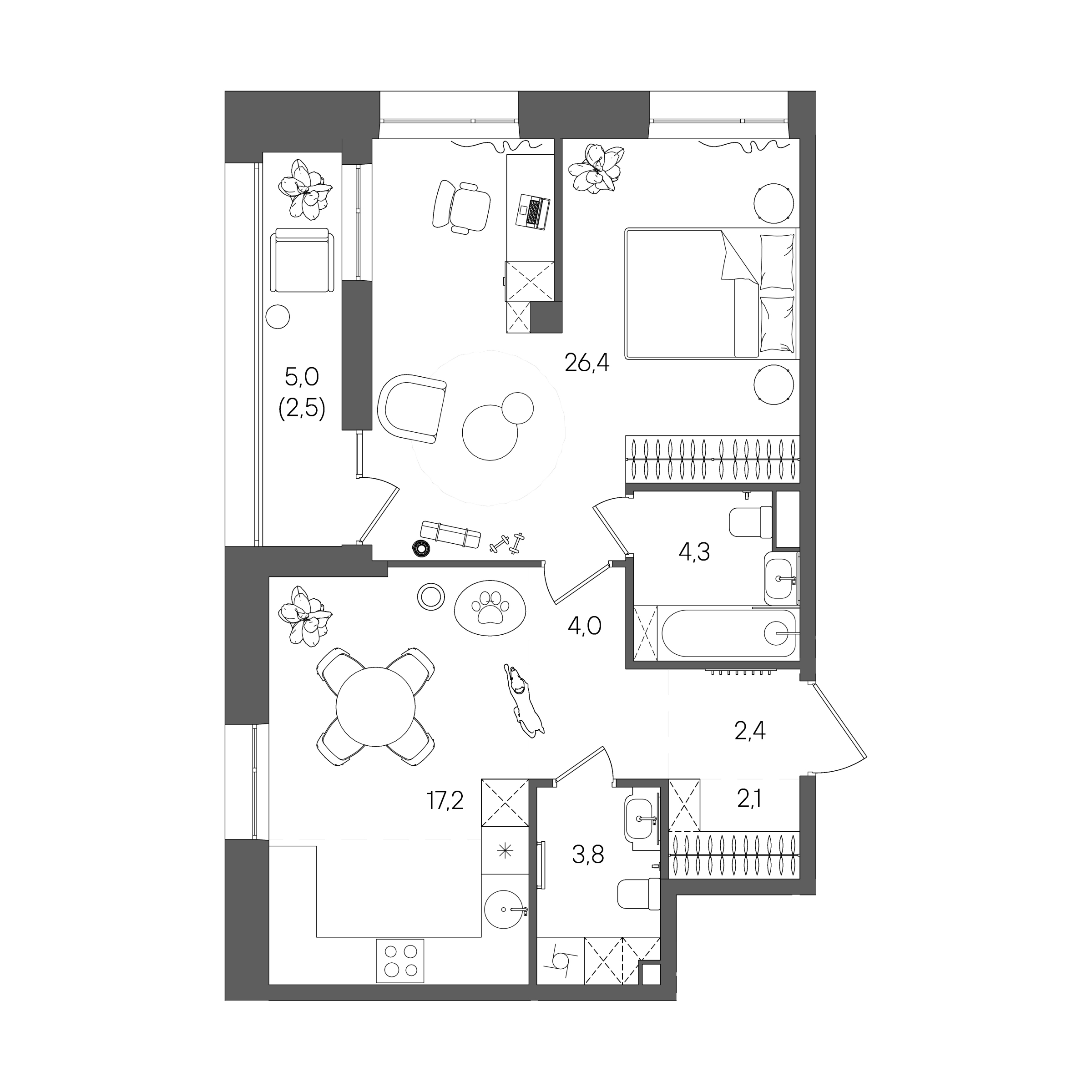 Планировка: 1-комнатная, 62,7 м²