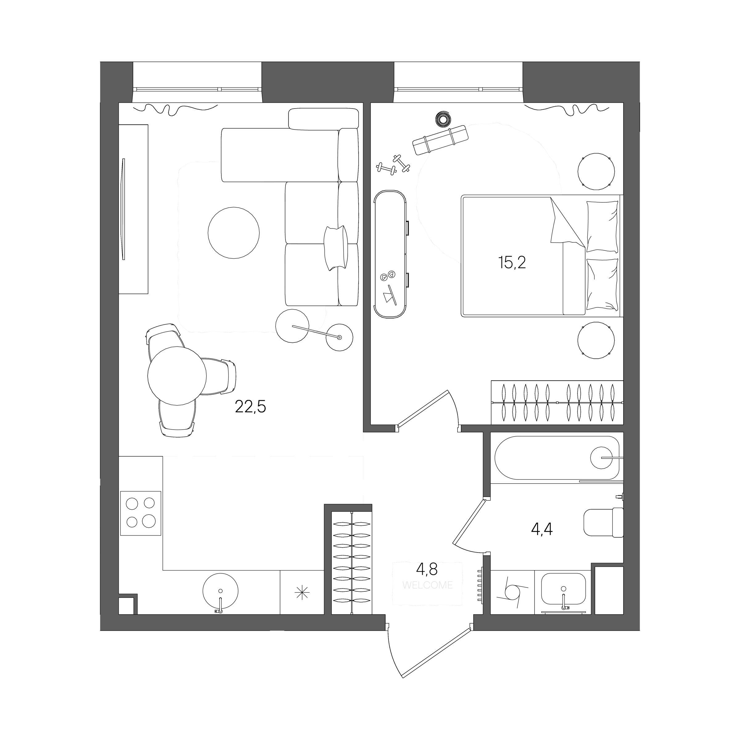 Планировка: 1-комнатная, 46,9 м²