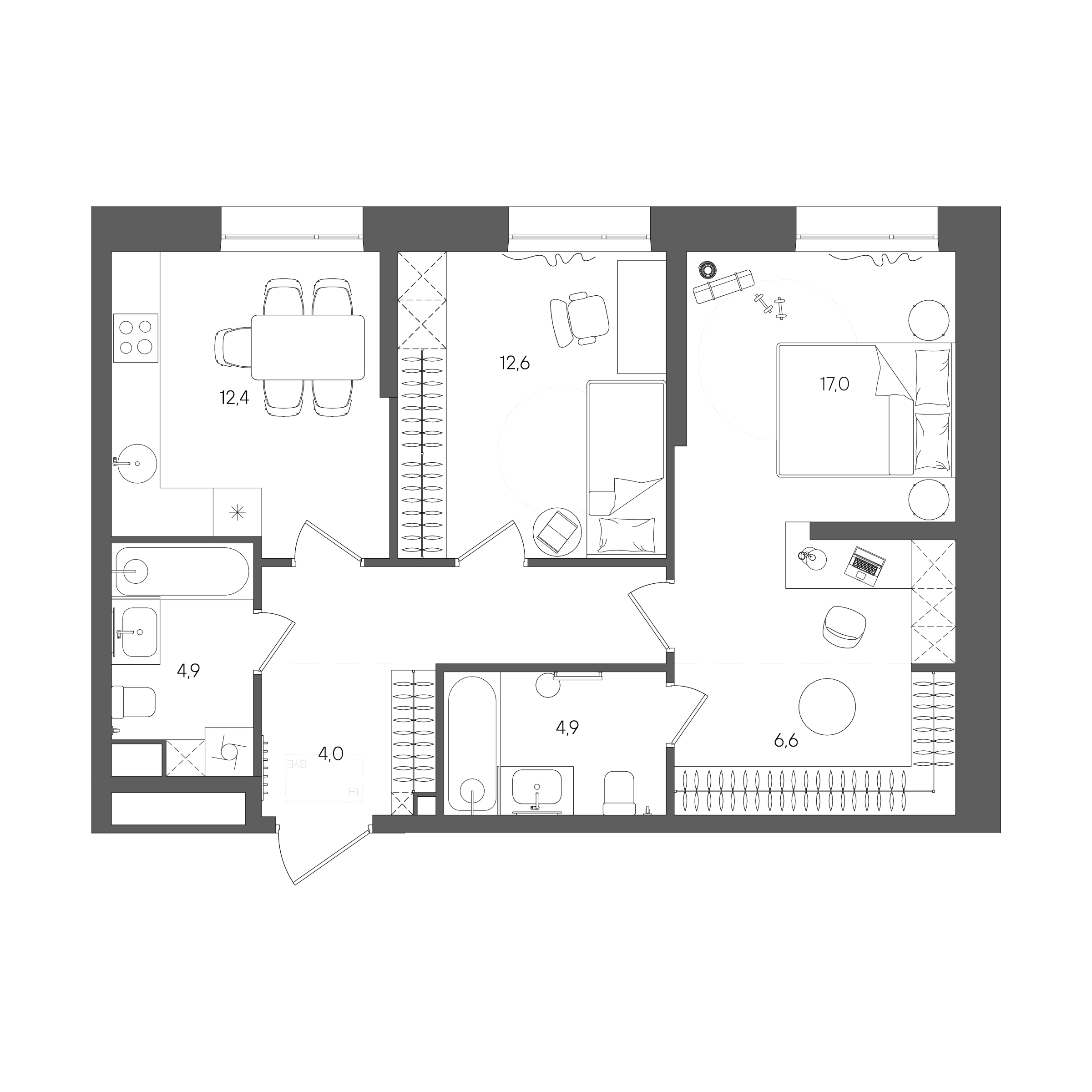 Планировка: 2-комнатная, 68,5 м²