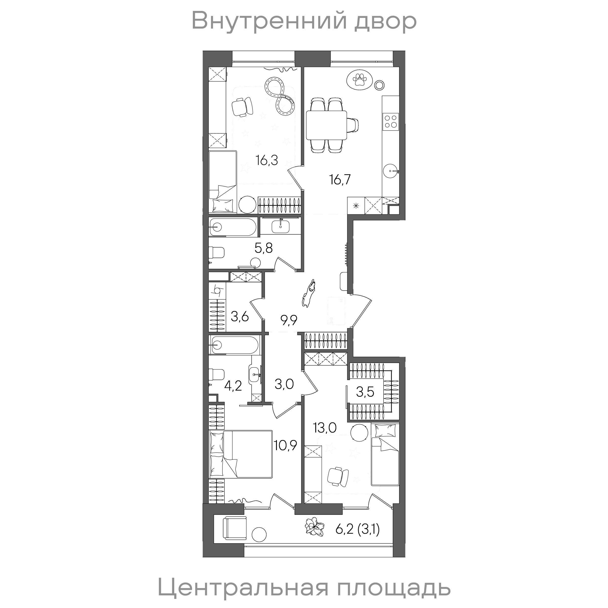 Планировка: 3-комнатная, 90 м²